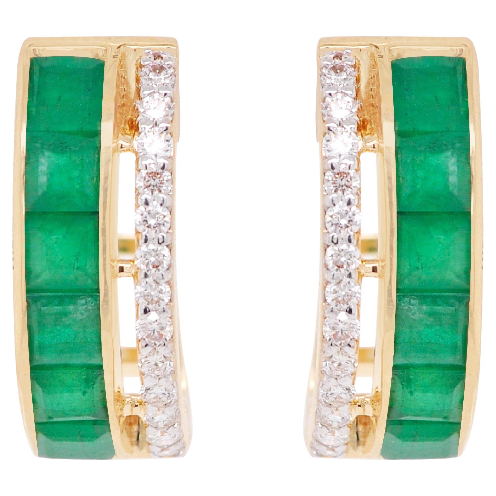 18K Yellow Gold 3 MM Square Channel-Set Brazilian Emerald Diamond Hoop Earrings