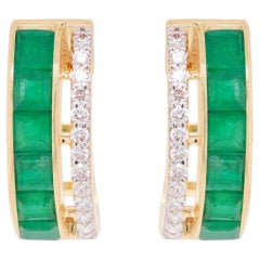 18K Yellow Gold 3 MM Square Channel-Set Brazilian Emerald Diamond Hoop Earrings