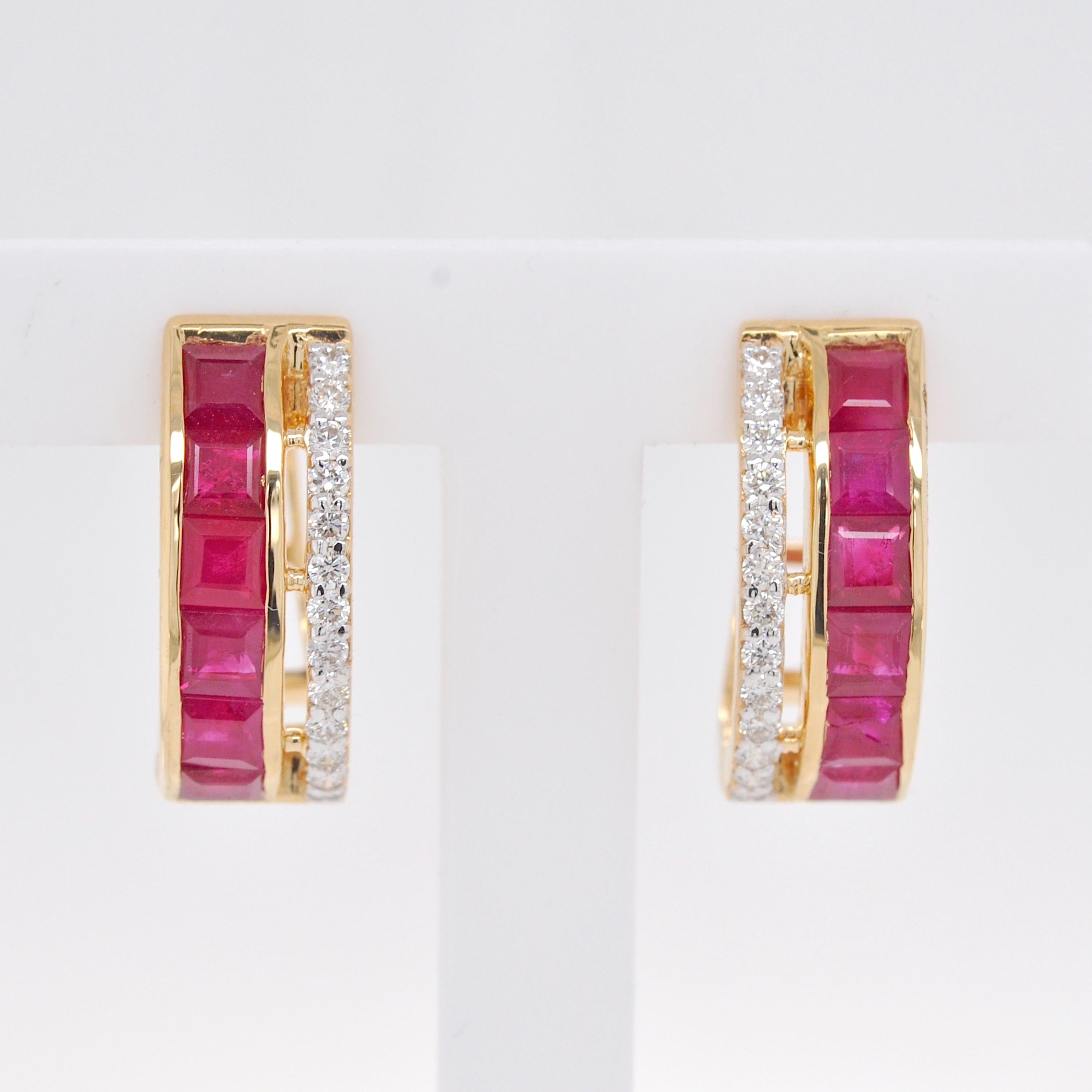 Boucles d'oreilles en or jaune 18K 3 MM Square Mozambique Ruby Channel-set Diamond Hoop Ears en vente 4