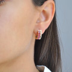 3 MM Square Mozambique Ruby Channel-set Diamond Yellow Gold Hoop Earrings