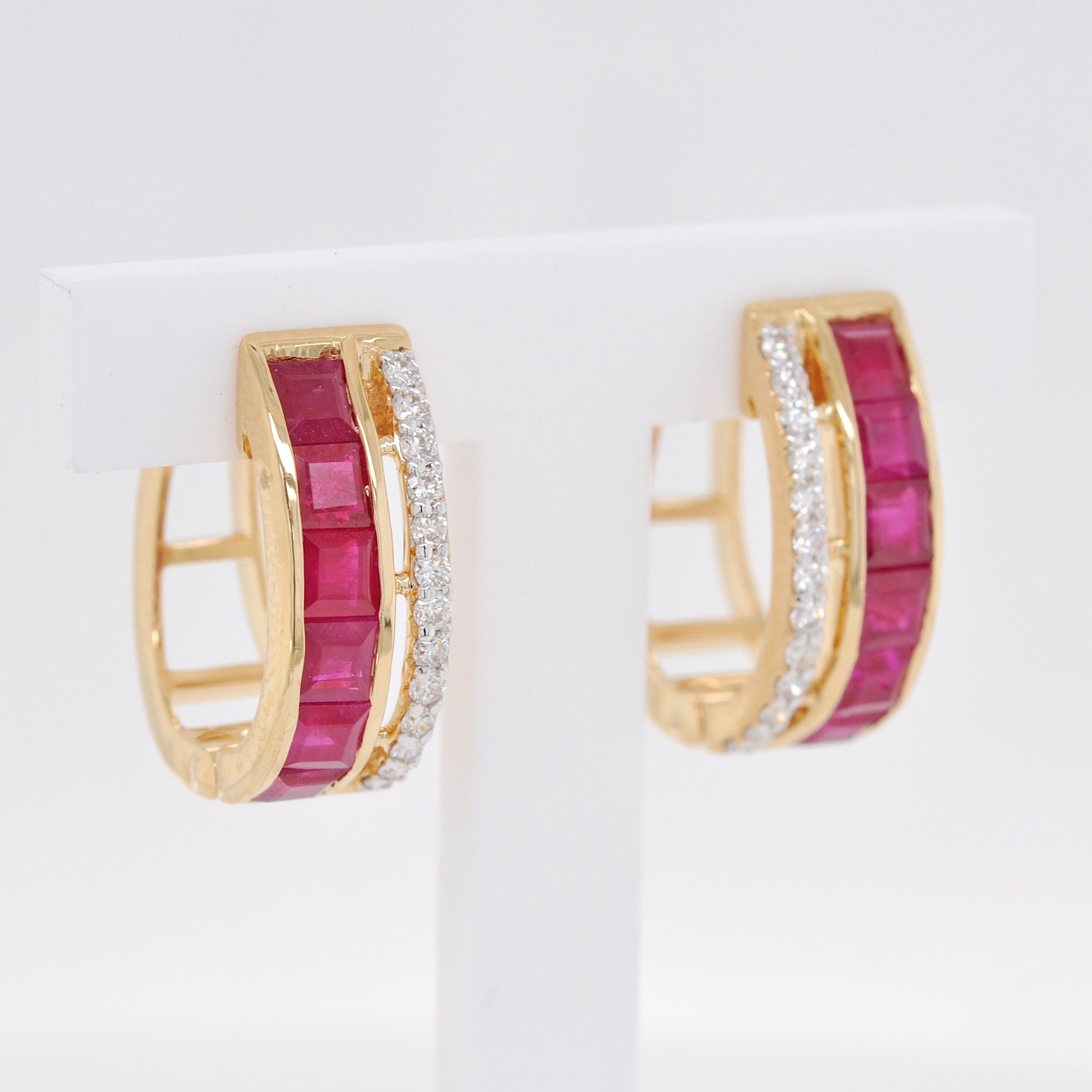 18K Yellow Gold 3 MM Square Mozambique Ruby Channel-set Diamond Hoop Earrings In New Condition For Sale In Jaipur, Rajasthan