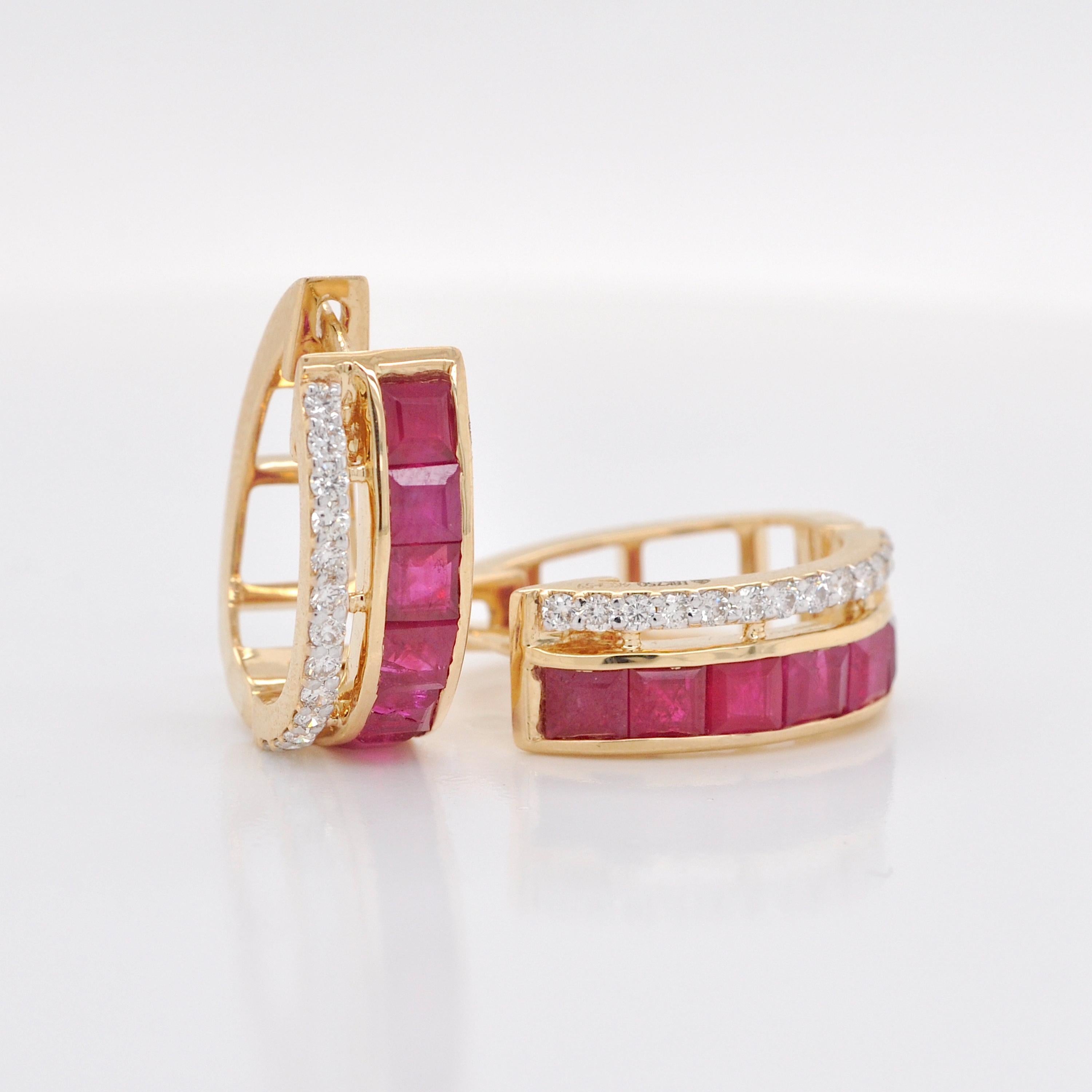Women's 18K Yellow Gold 3 MM Square Mozambique Ruby Channel-set Diamond Hoop Earrings For Sale