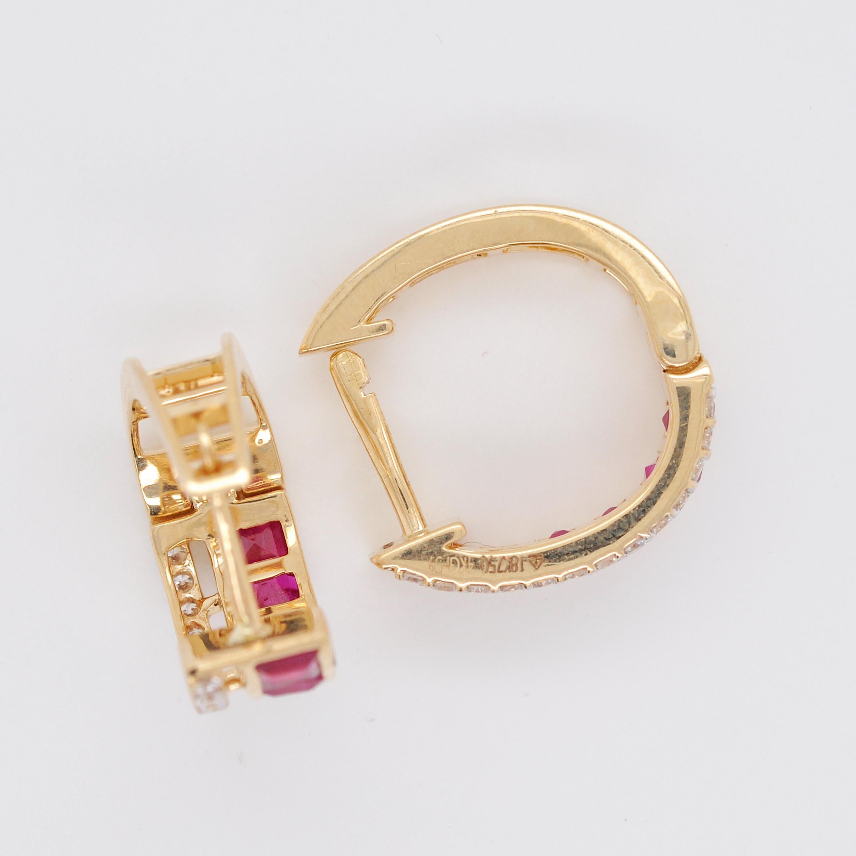 18K Yellow Gold 3 MM Square Mozambique Ruby Channel-set Diamond Hoop Earrings For Sale 1