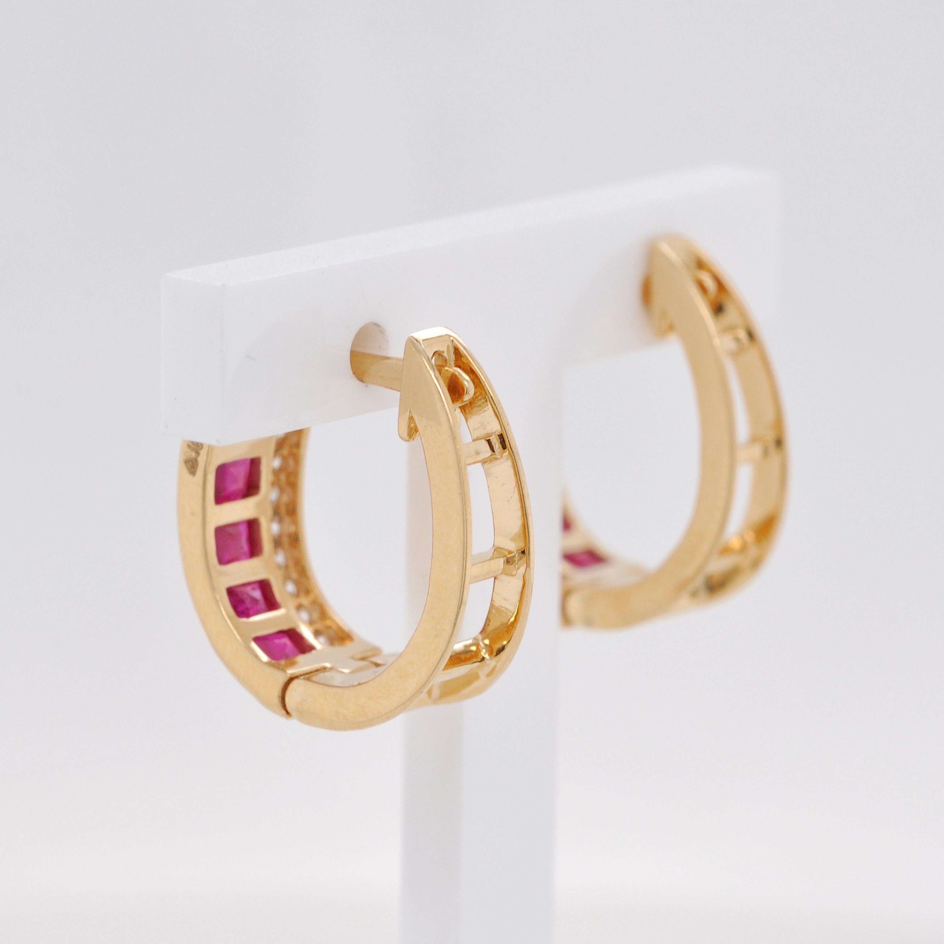 18K Yellow Gold 3 MM Square Mozambique Ruby Channel-set Diamond Hoop Earrings For Sale 2