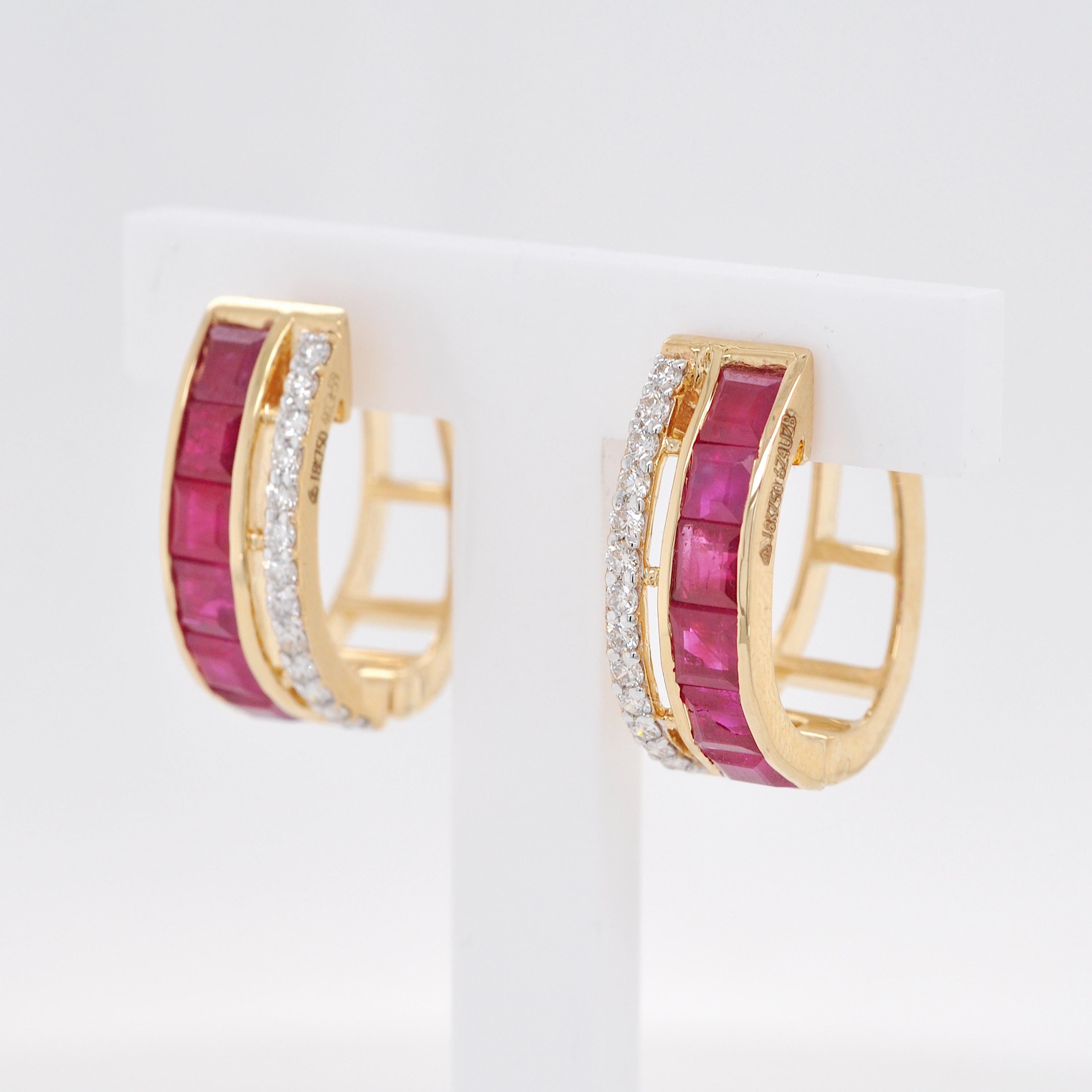18K Yellow Gold 3 MM Square Mozambique Ruby Channel-set Diamond Hoop Earrings For Sale 3