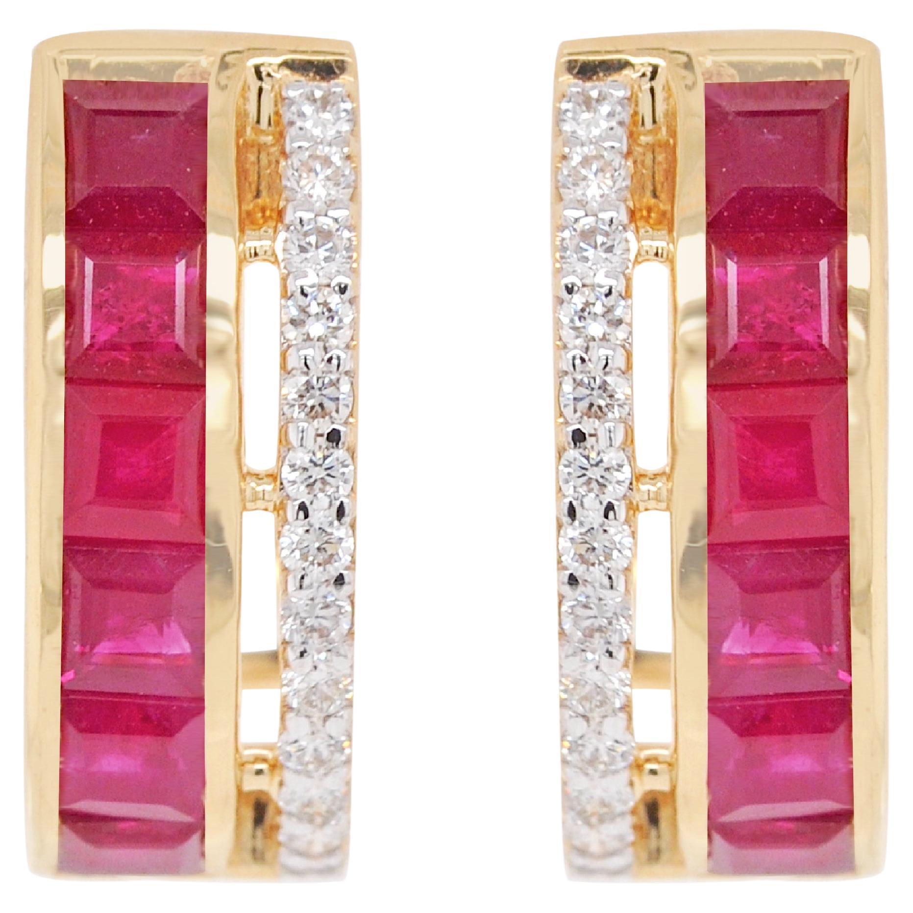 18K Yellow Gold 3 MM Square Mozambique Ruby Channel-set Diamond Hoop Earrings