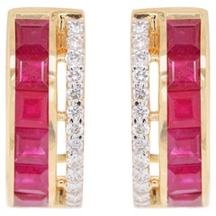 18K Yellow Gold 3 MM Square Mozambique Ruby Channel-set Diamond Hoop Earrings