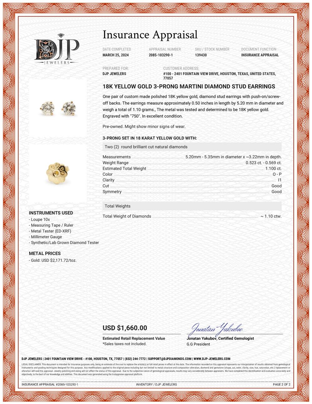 18K Yellow Gold 3-Prong Martini Diamond Stud Earrings For Sale 2