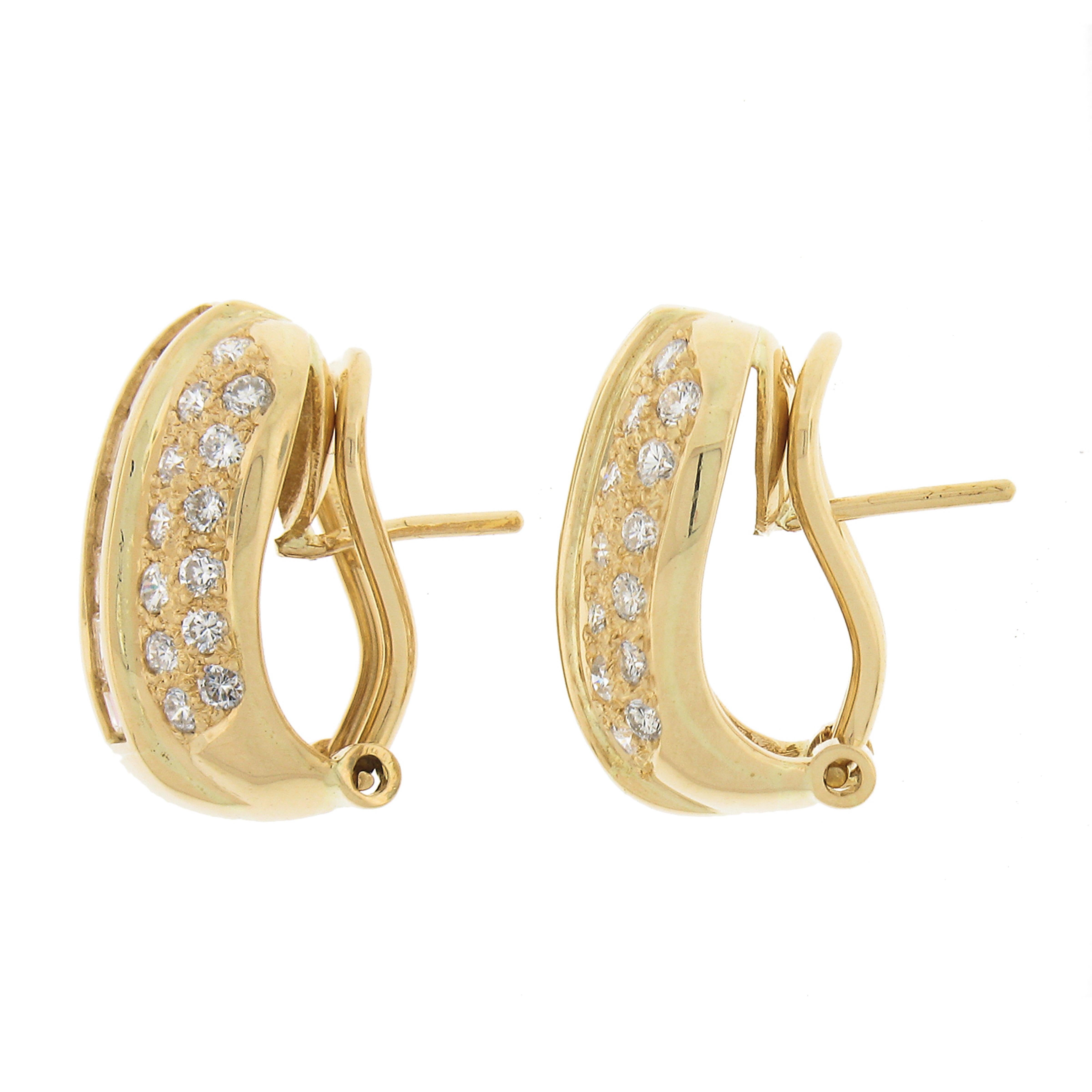 Round Cut 18k Yellow Gold 3 Row 2.3ctw Pave & Channel Set Diamond Huggie Omega Earrings For Sale