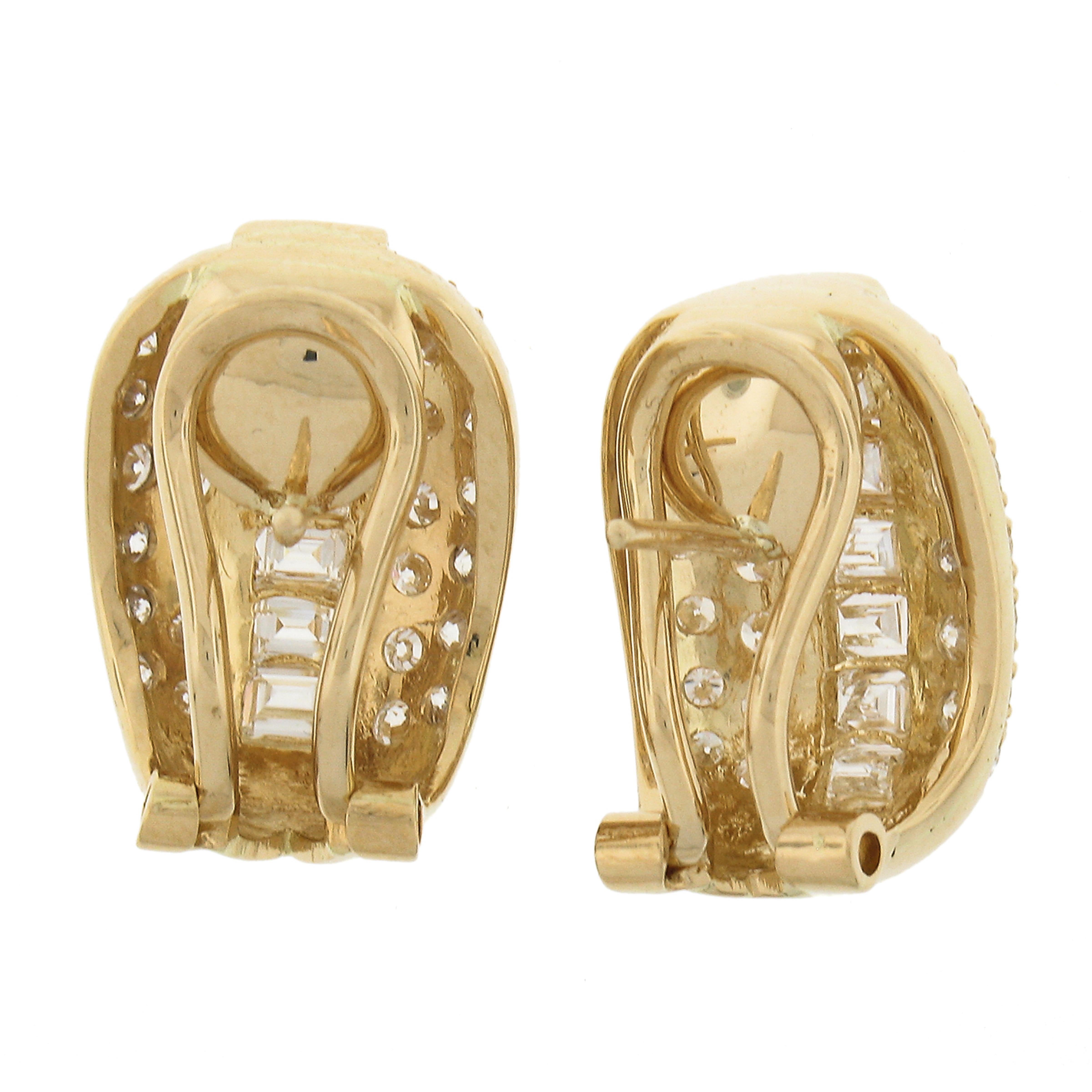 Women's 18k Yellow Gold 3 Row 2.3ctw Pave & Channel Set Diamond Huggie Omega Earrings For Sale