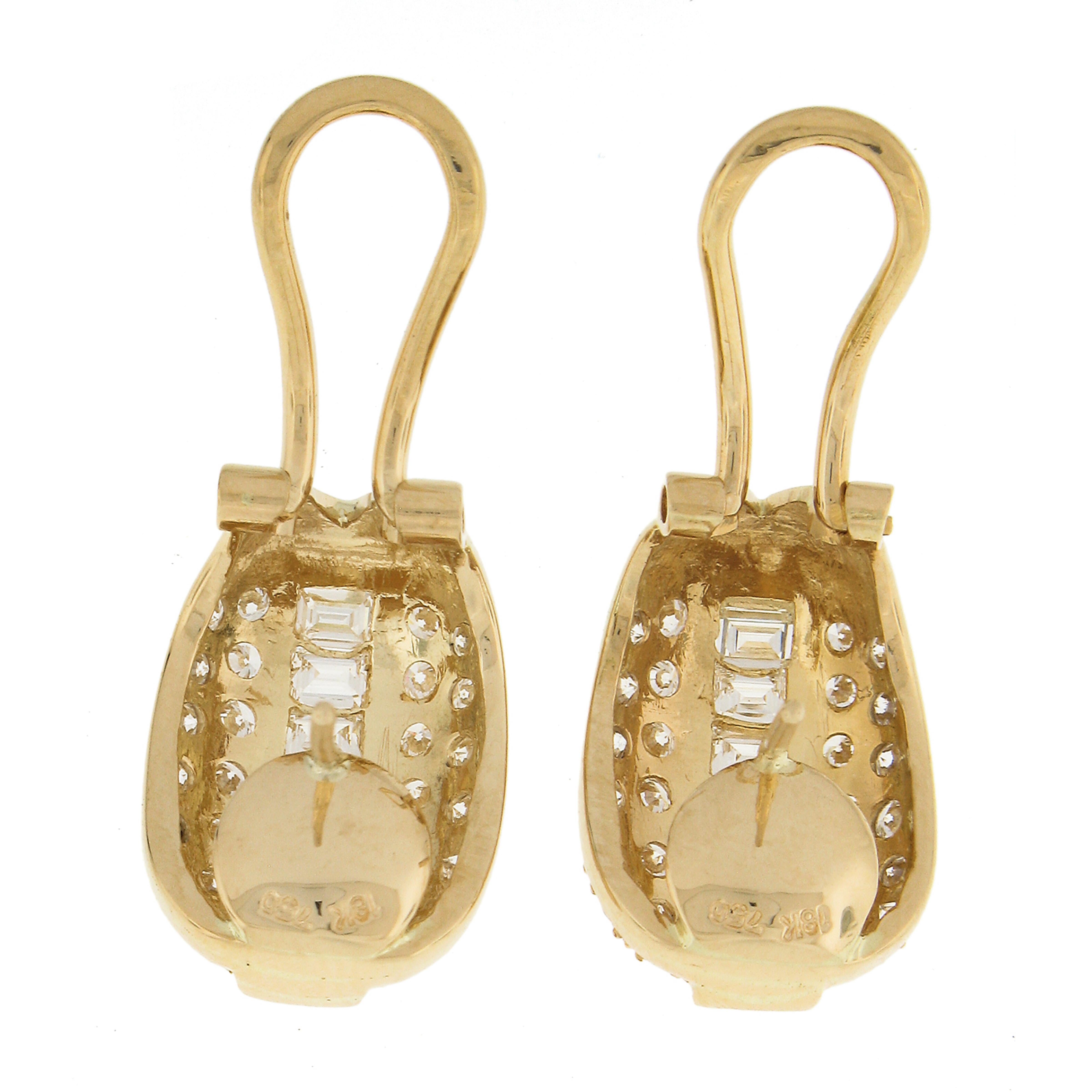 18k Yellow Gold 3 Row 2.3ctw Pave & Channel Set Diamond Huggie Omega Earrings For Sale 1
