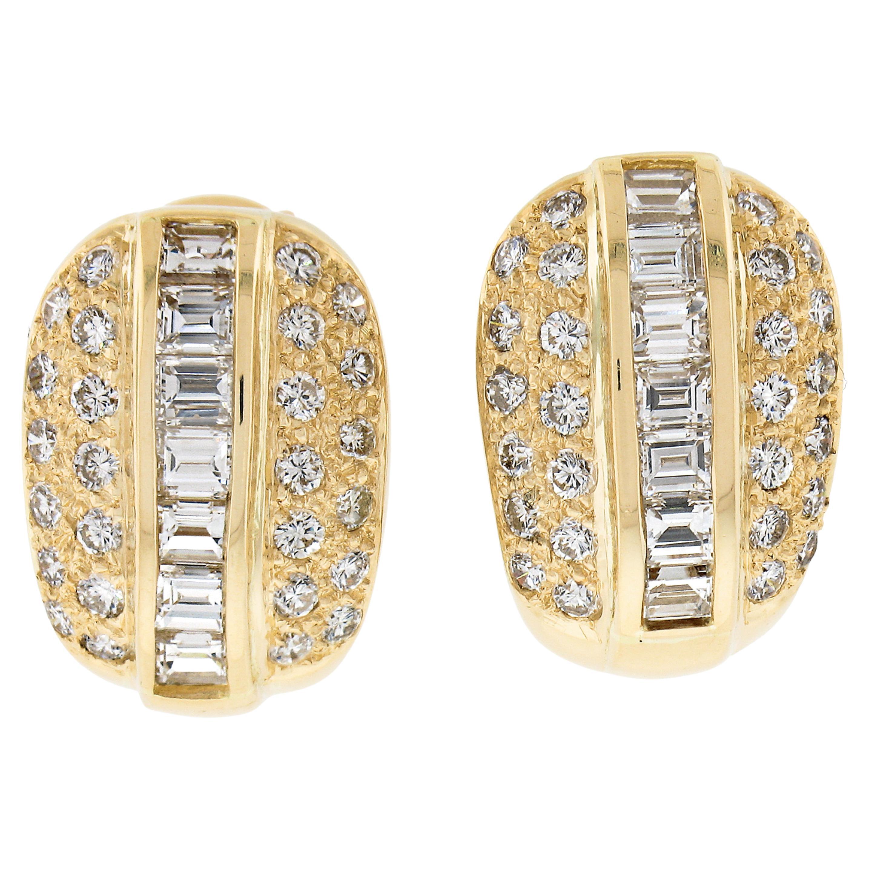18k Yellow Gold 3 Row 2.3ctw Pave & Channel Set Diamond Huggie Omega Earrings For Sale
