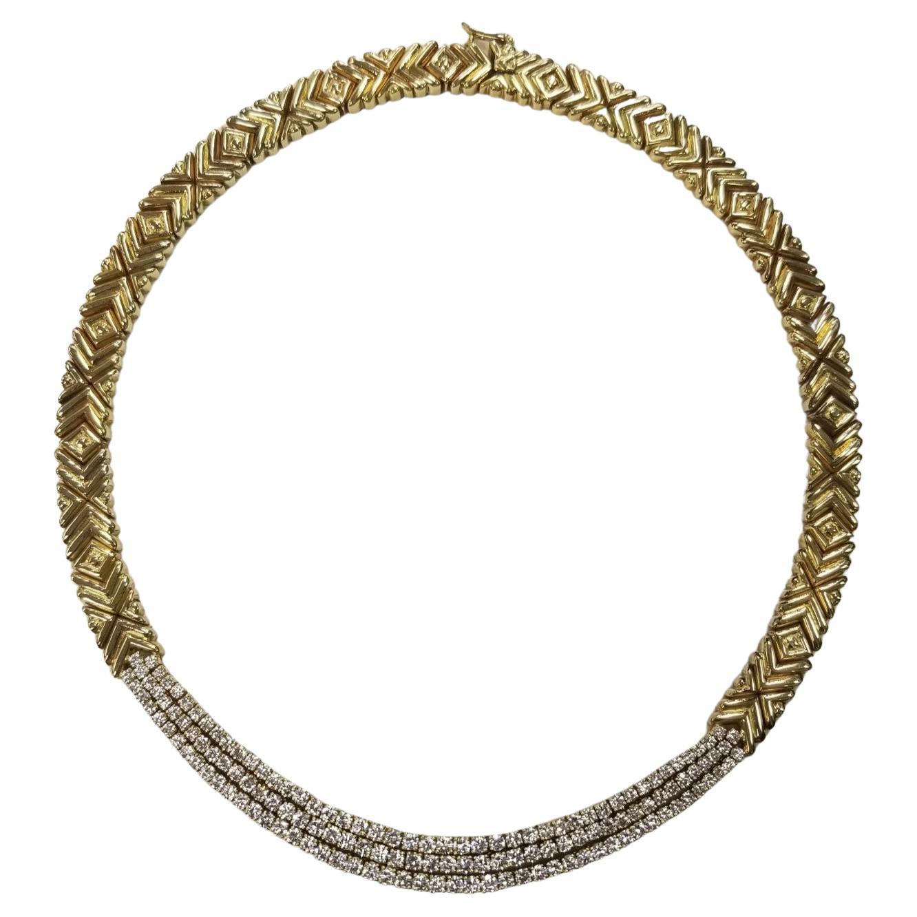 Collier de tennis en or jaune 18k avec 3 rangs de diamants 7.07 Ctw