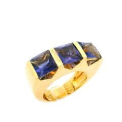 18k Yellow Gold 3 Square Cut Bar Channel Set Iolite Substantial Band Ring