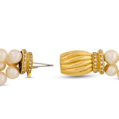 18K Yellow Gold 3 Strand Pearl Necklace Gold Station Beads and a Diamond Clasp