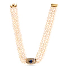 18K Yellow Gold 3 Strand Pearl Necklace with a Sapphire and Pave Diamond Center