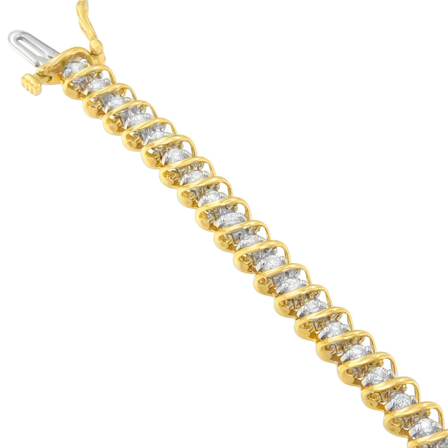 Adorn your wrist with this gorgeous bracelet that never goes unnoticed. Features 3 carats of sparkling round diamonds, intricately wrapped in 18 karat yellow gold for an unforgettable presentation. Comes with 42 round-cut diamonds set in beautiful