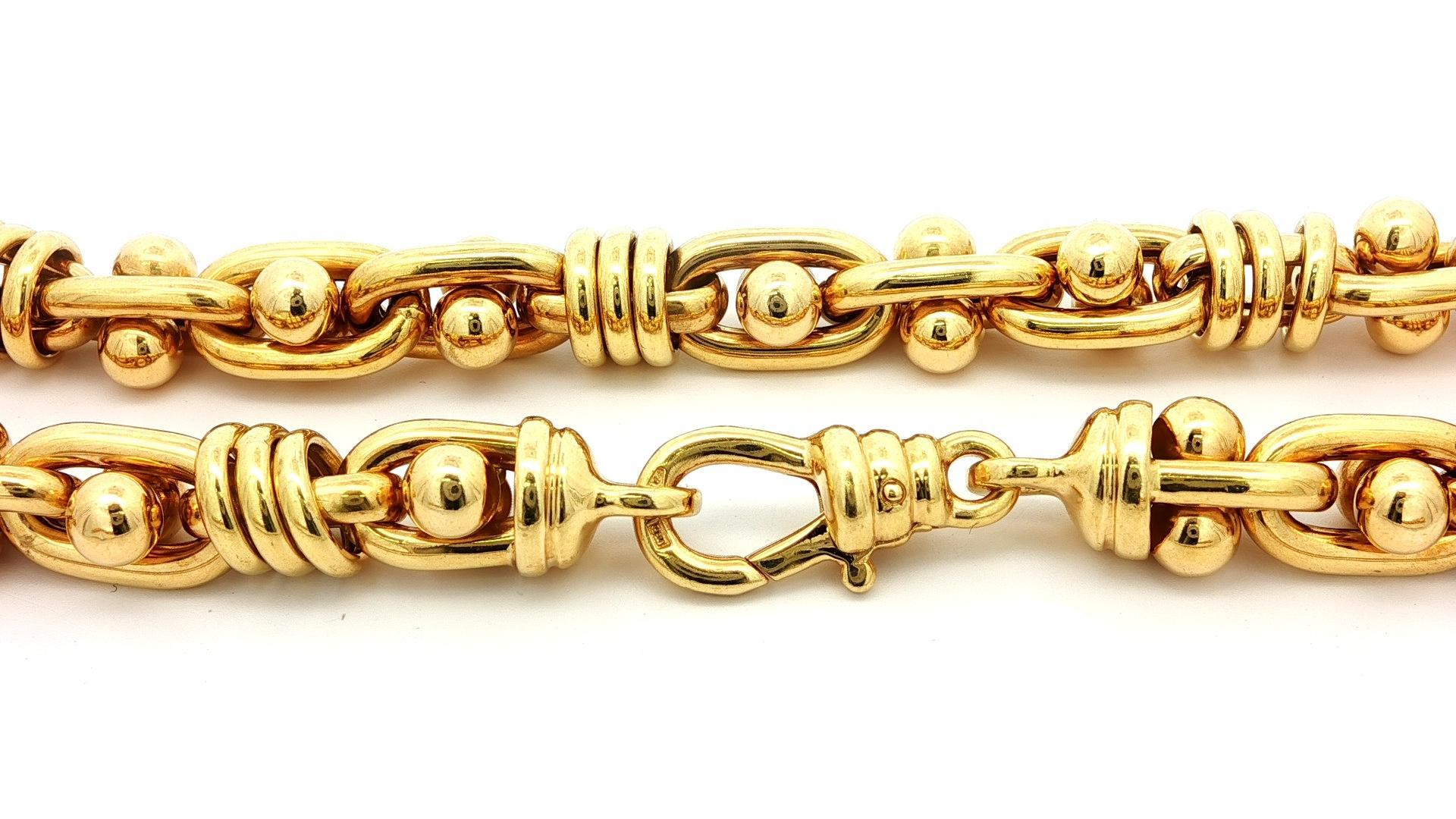 MATERIAL: Massives 18k Gelbgold 
Gewicht: 110,83 Gramm
Kette Typ: Langes offenes Glied mit Perlenkugel 
Kettenlänge: 30 Zoll (gemessen neben dem Lineal)
Breite der Kette: 13,5 mm (0,53