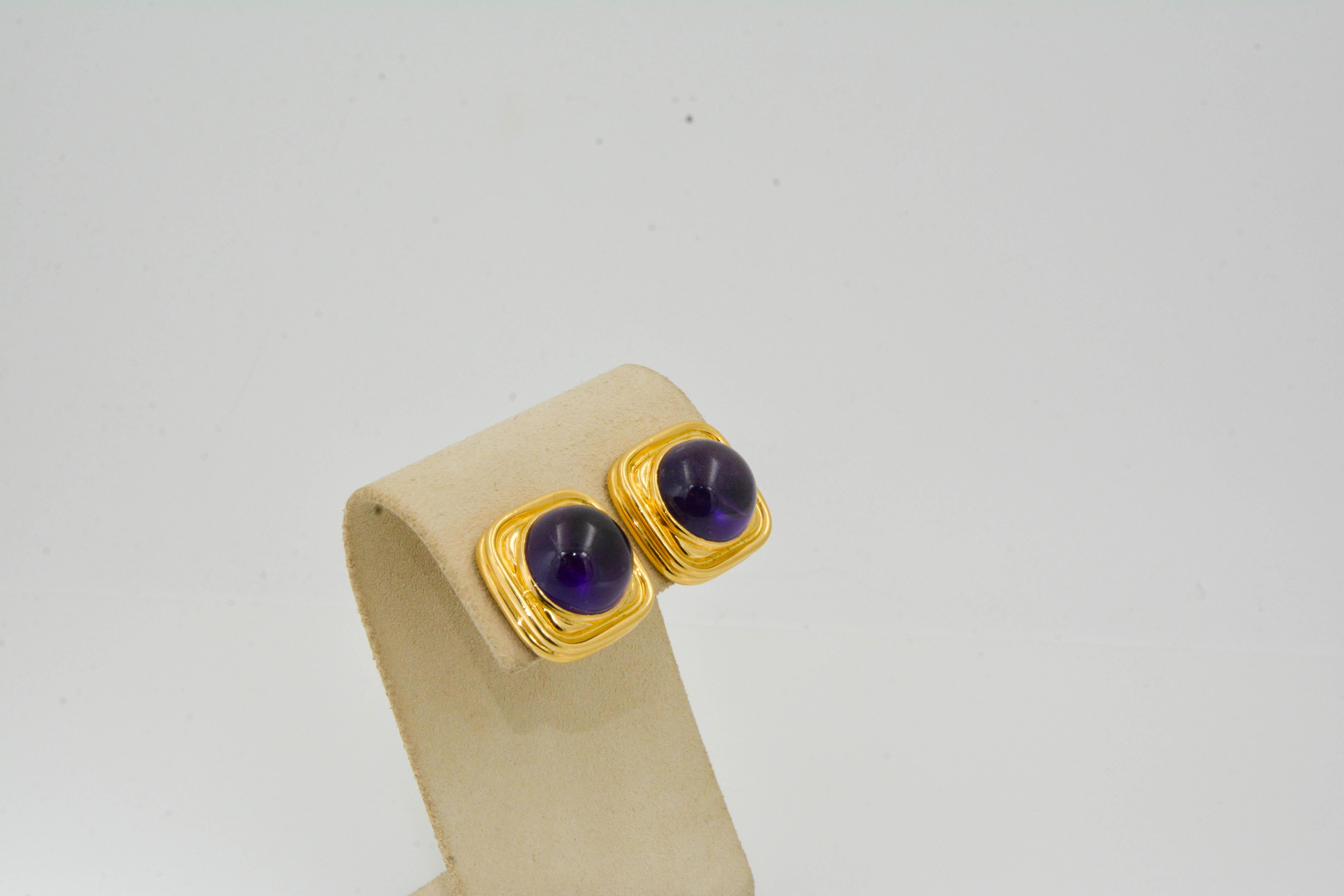 Modern 18K Yellow Gold 30.00ctw Cabochon Amethyst Square Frame Earrings