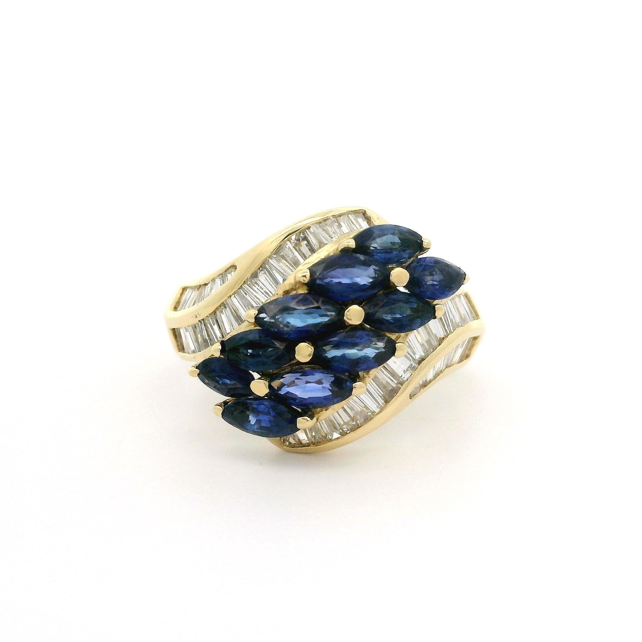 18k Yellow Gold 3.02ctw Marquise Sapphire & Baguette Diamond Bypass Style Ring For Sale 5