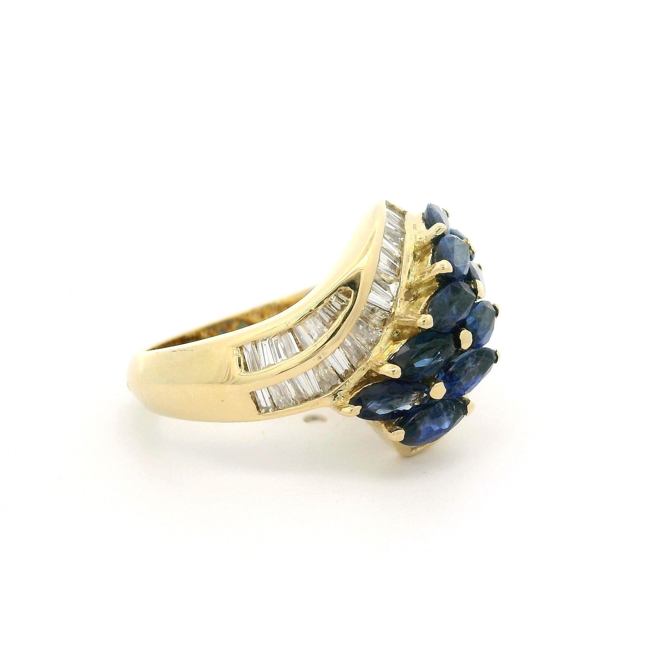 –Stone(s)–
Numerous Natural Genuine Diamonds - Baguette Cut - Channel Set - G-I Color - VS1/VS2 Clarity - 1.02ctw (exact)
(10) Natural Genuine Sapphires - Marquise Cut - Prong Set - Royal Blue Color - 2.0ctw (exact)
Total Carat Weight: 3.02