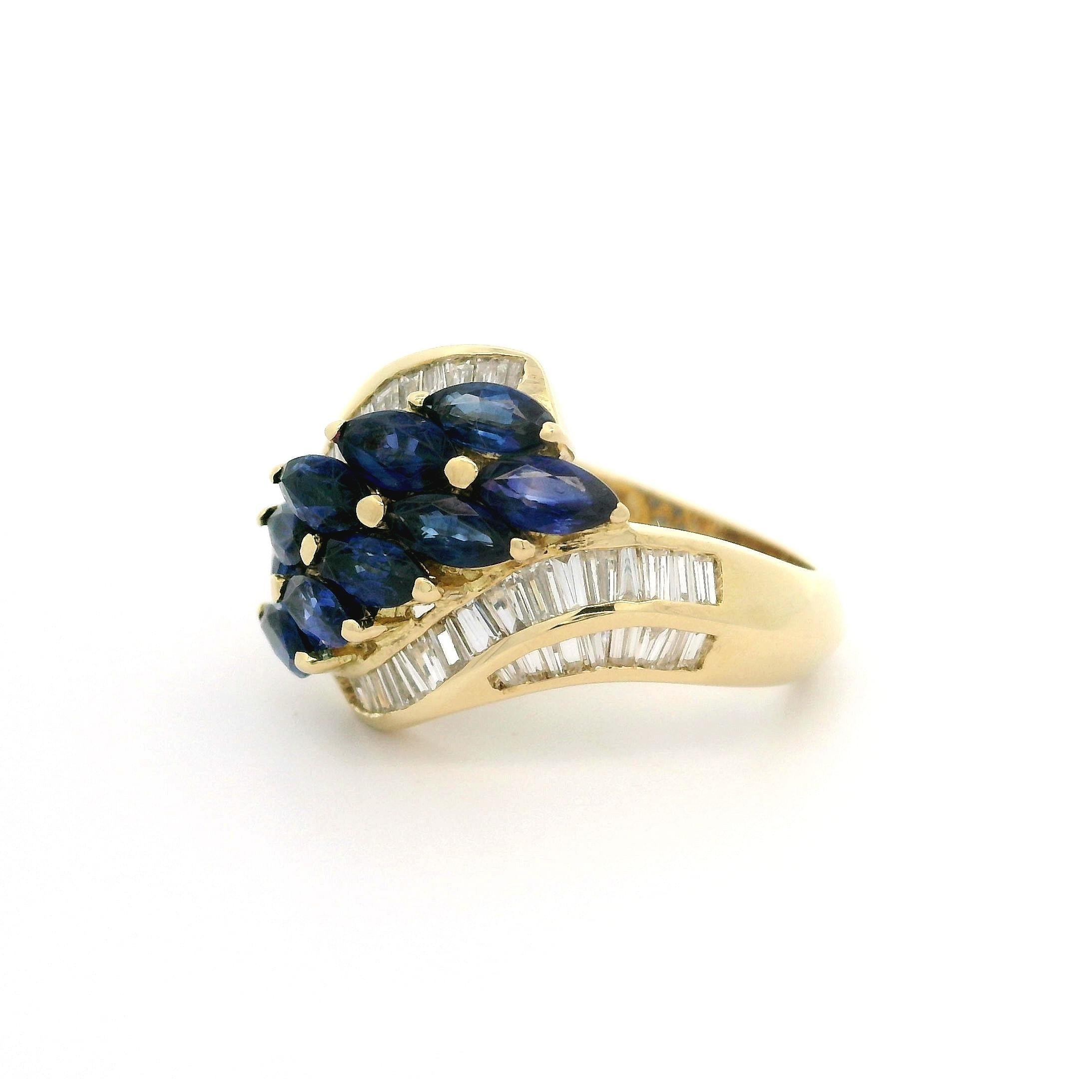 Marquise Cut 18k Yellow Gold 3.02ctw Marquise Sapphire & Baguette Diamond Bypass Style Ring For Sale