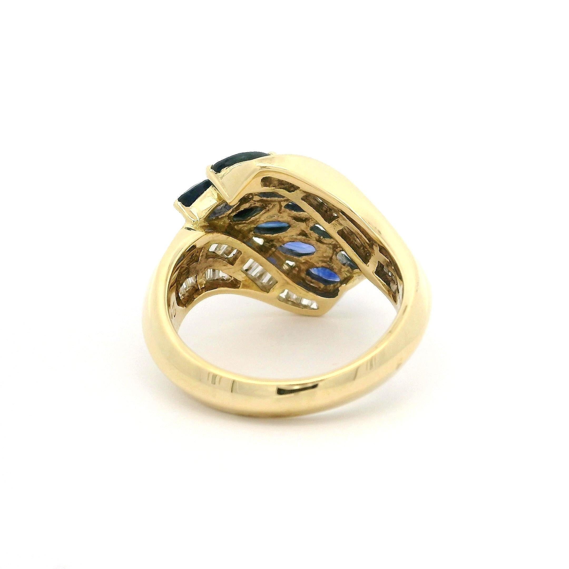 18k Yellow Gold 3.02ctw Marquise Sapphire & Baguette Diamond Bypass Style Ring In Excellent Condition For Sale In Montclair, NJ
