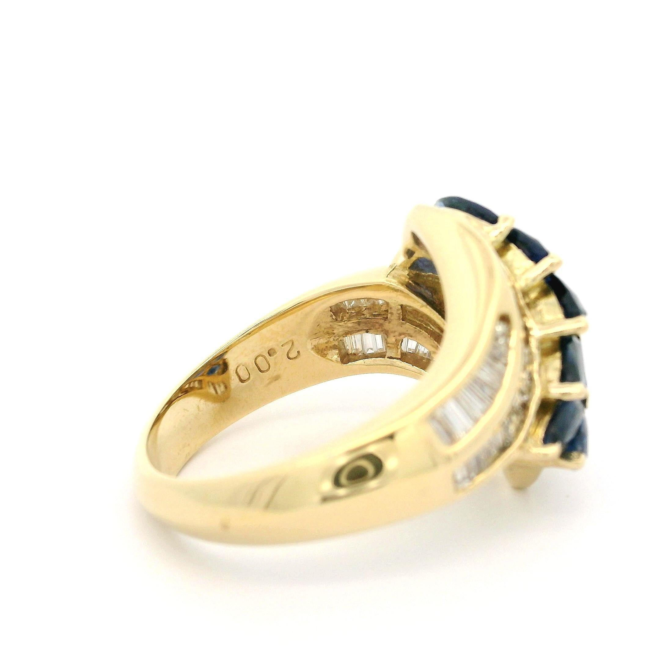 18k Yellow Gold 3.02ctw Marquise Sapphire & Baguette Diamond Bypass Style Ring For Sale 1