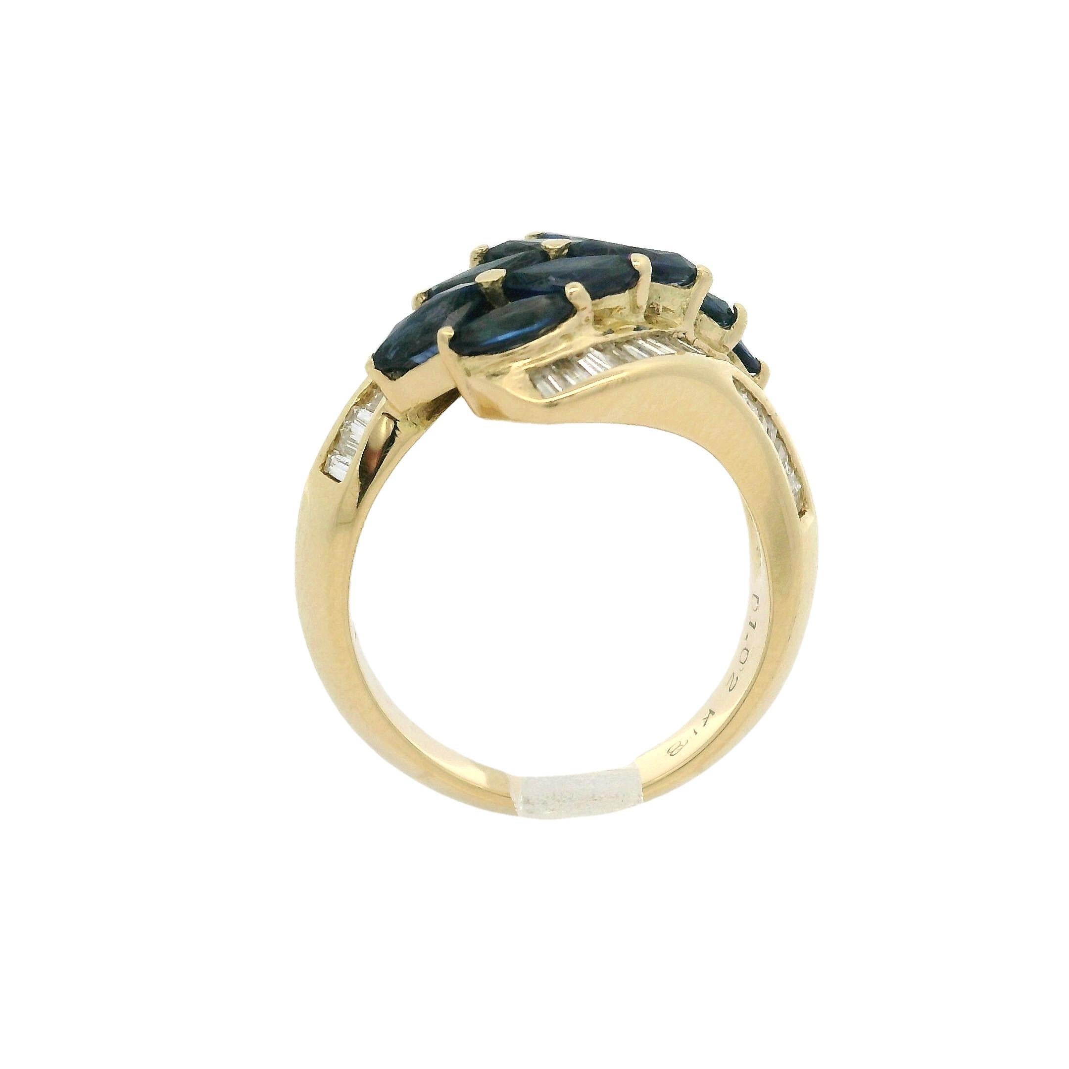 18k Yellow Gold 3.02ctw Marquise Sapphire & Baguette Diamond Bypass Style Ring For Sale 2