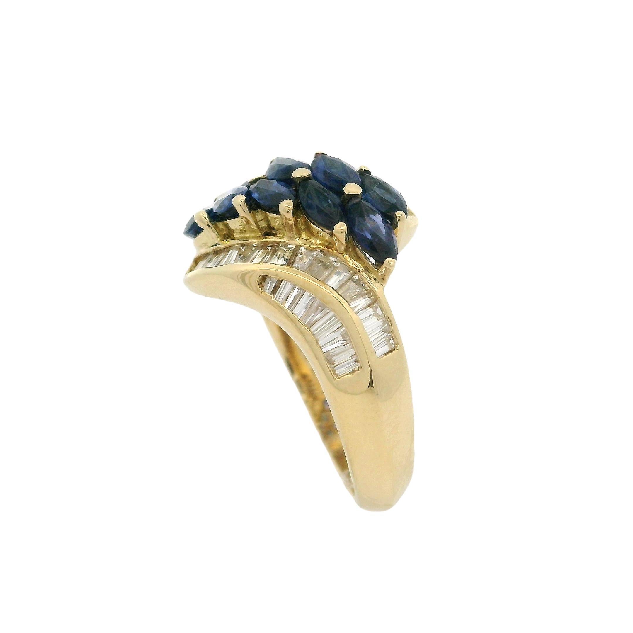 18k Yellow Gold 3.02ctw Marquise Sapphire & Baguette Diamond Bypass Style Ring For Sale 3