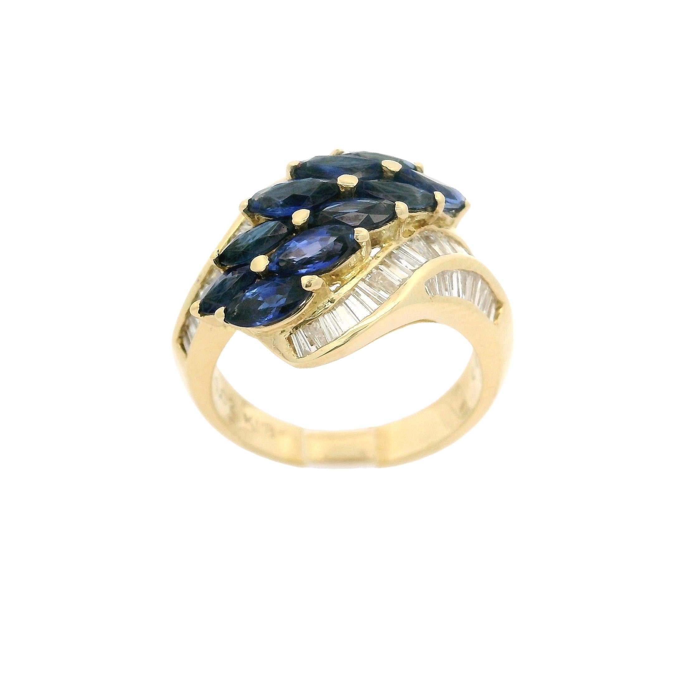 18k Yellow Gold 3.02ctw Marquise Sapphire & Baguette Diamond Bypass Style Ring For Sale 4