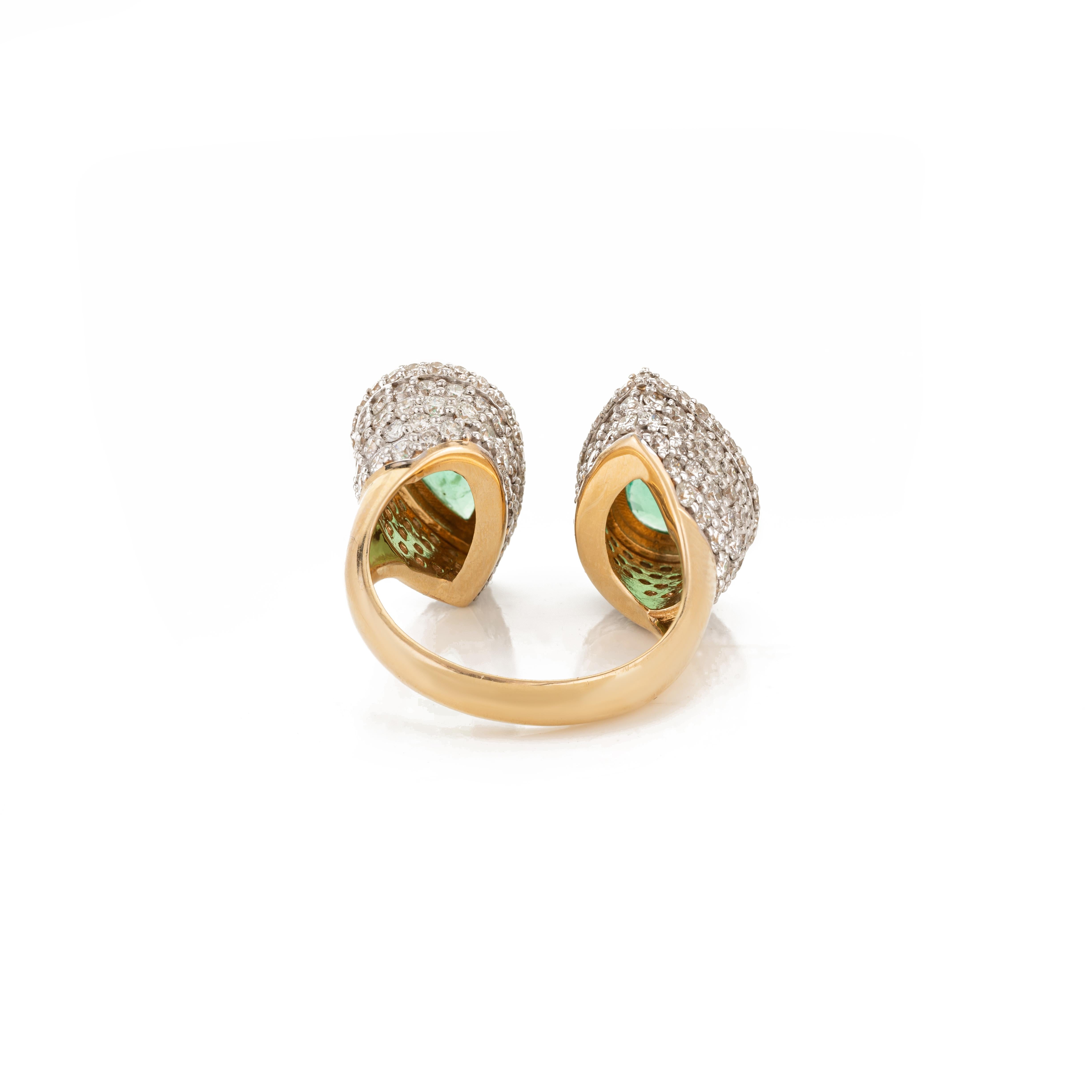 For Sale:  18k Yellow Gold 3.13 Carat Emerald and 3.38 Carat Halo Diamond Toi et Moi Ring 7