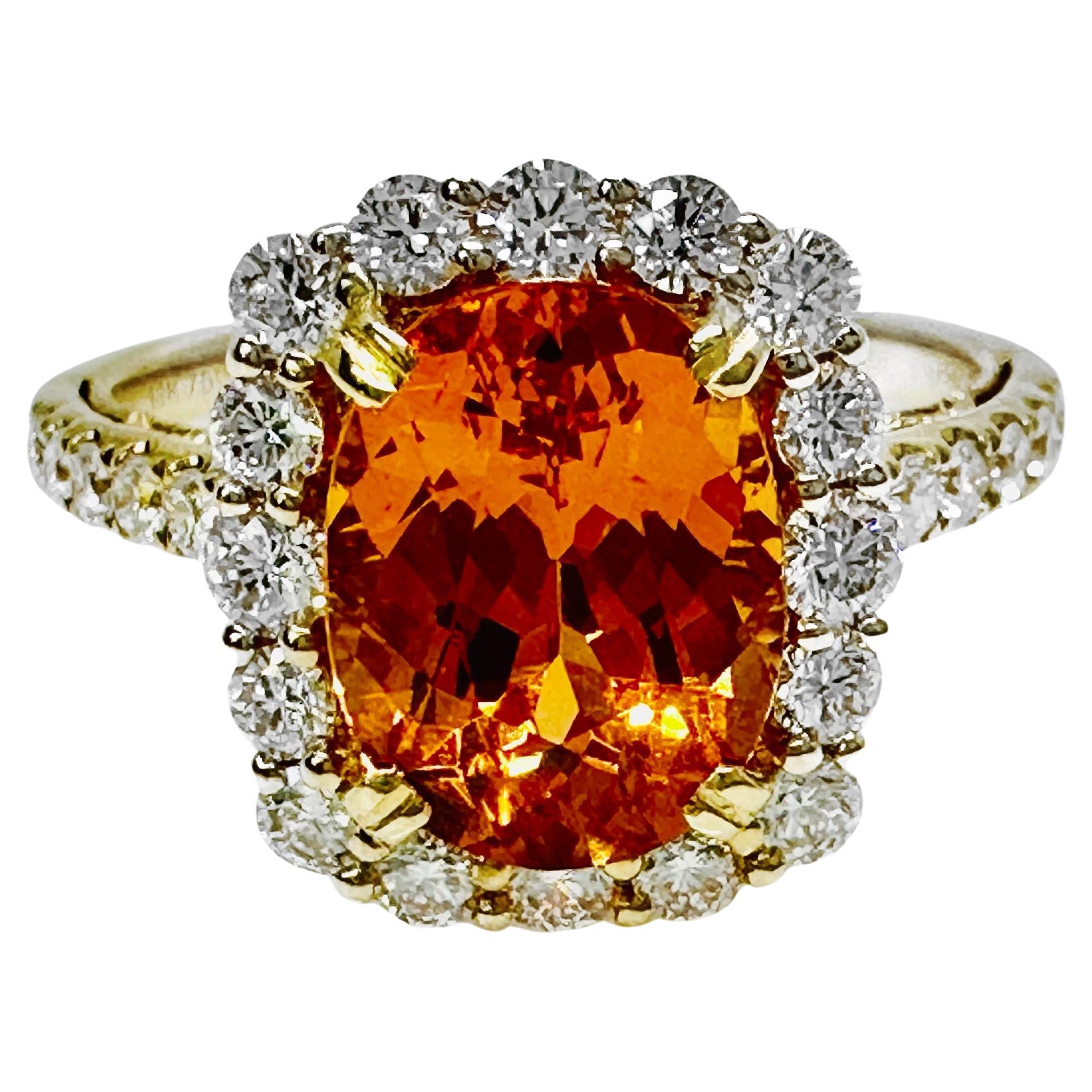 18K Yellow Gold 3.21 Carat Spessartite & Diamond Cocktail Ring