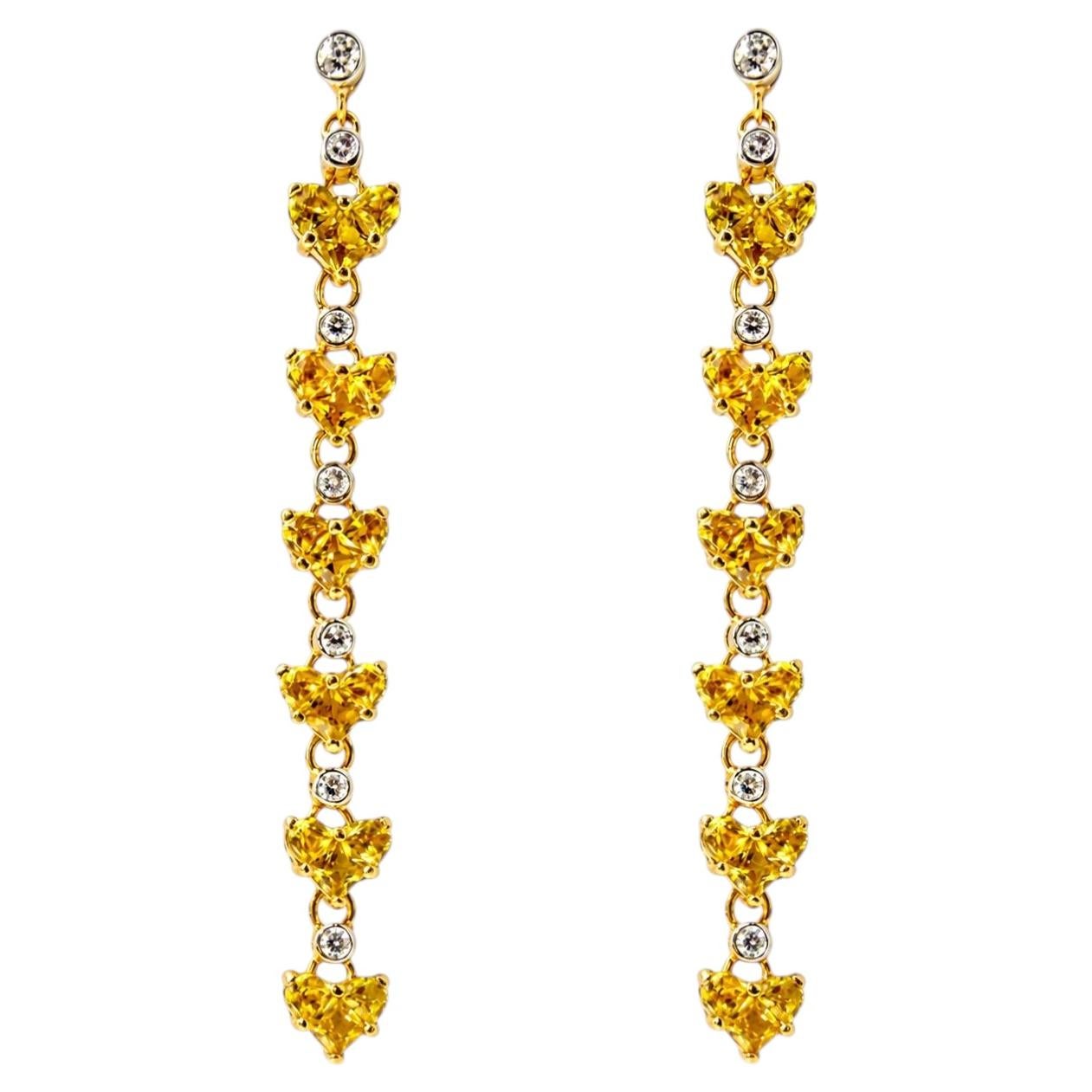 18K Yellow Gold 3.24 Carat Yellow Sapphire and Diamond Drop Heart Earrings