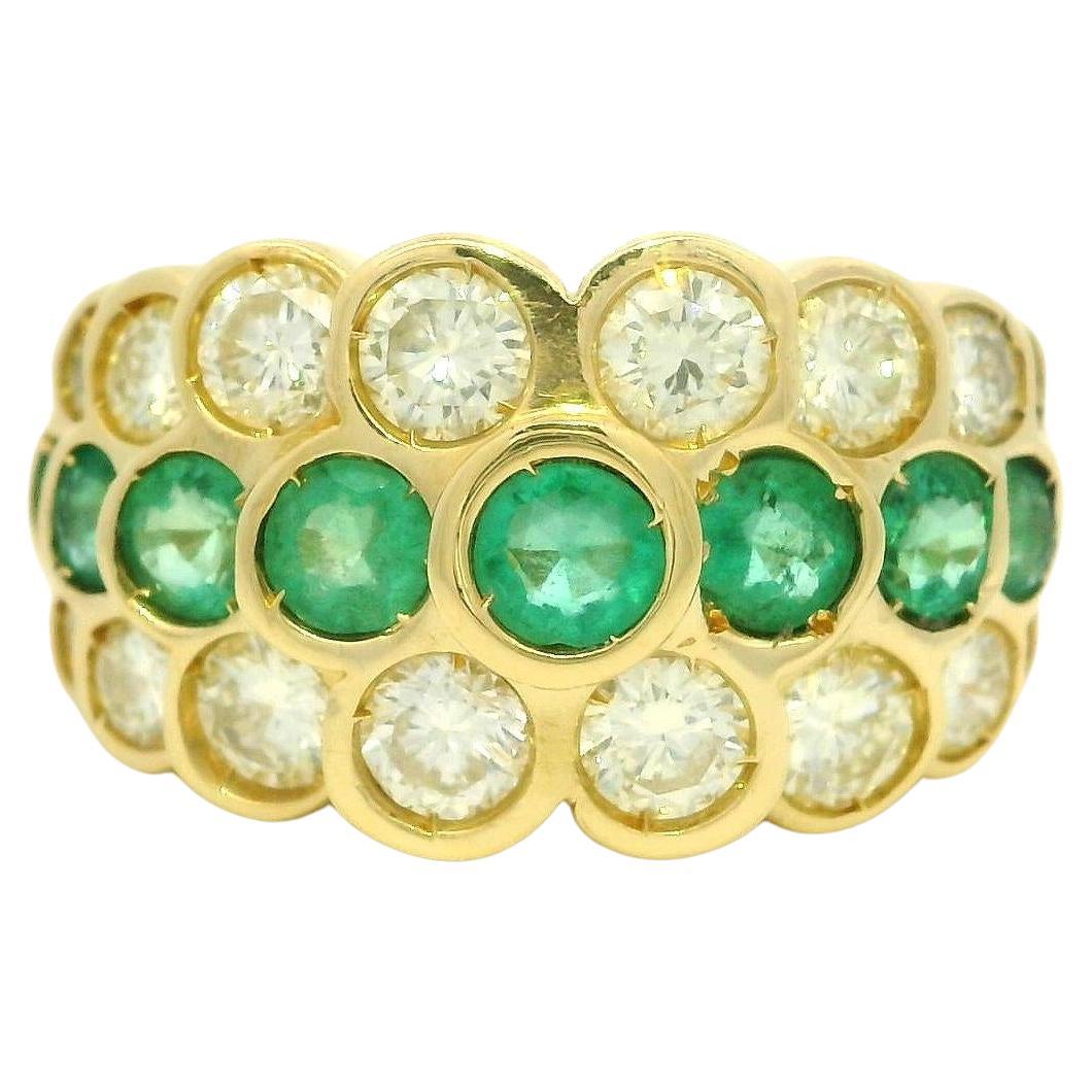 18k Yellow Gold 3.26ctw Emerald & Diamond 3 Row Wide Pyramid Style Band Ring