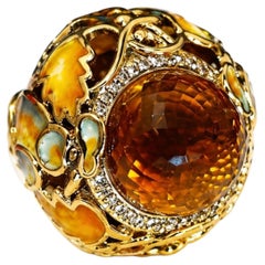 18K Yellow Gold 33 Carat Madeira Citrine Cocktail Ring Enamel Yellow Sapphires