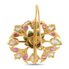 18K Yellow Gold 3.30ct Rose-Cut Diamond, Emerald and Ruby Flower Earrings