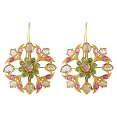 18K Yellow Gold 3.30ct Rose-Cut Diamond, Emerald and Ruby Flower Earrings