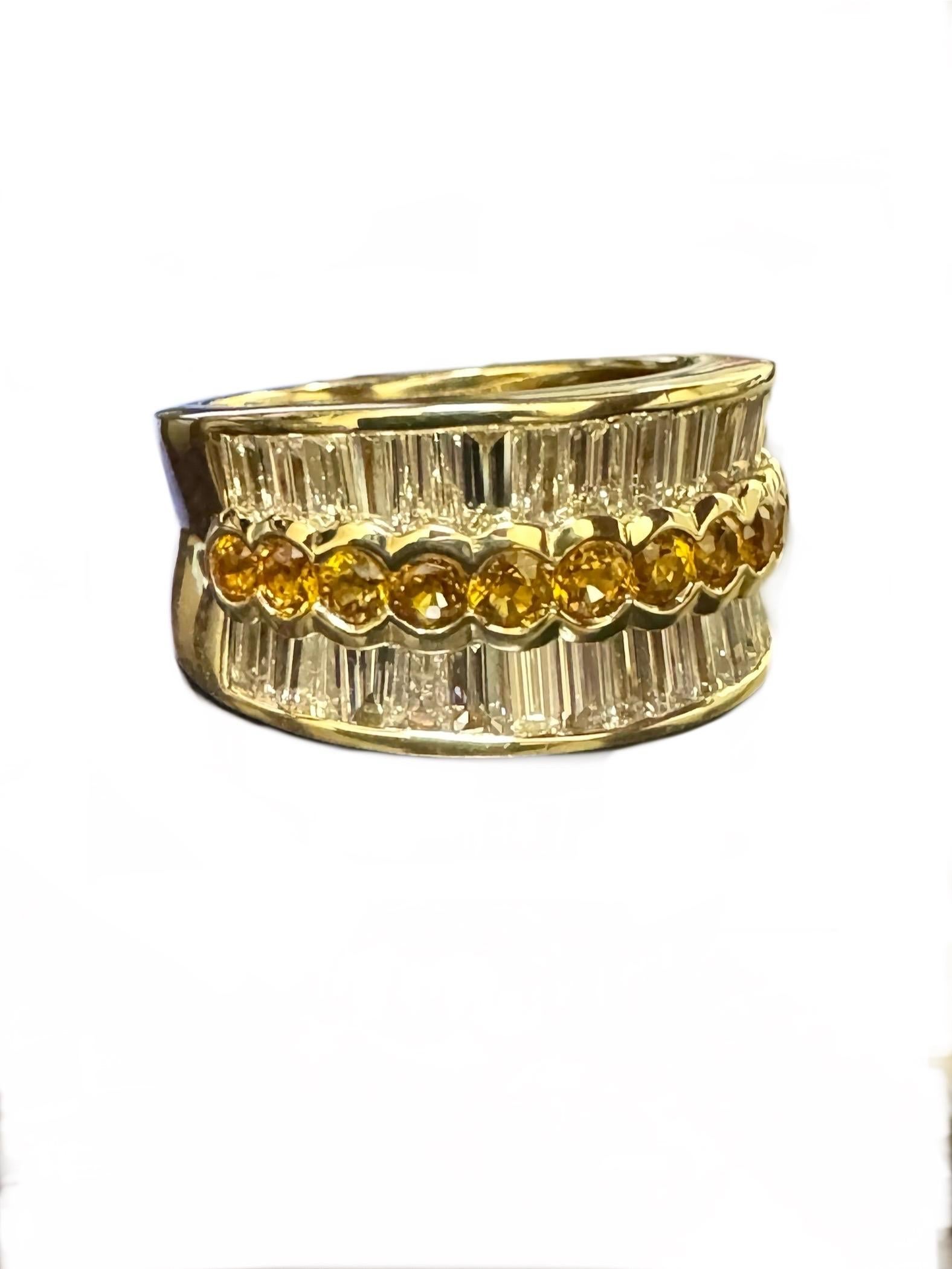 Modern 18K Yellow Gold 3.34 Carat Yellow Sapphire Channel Set Baguette Diamond Band For Sale