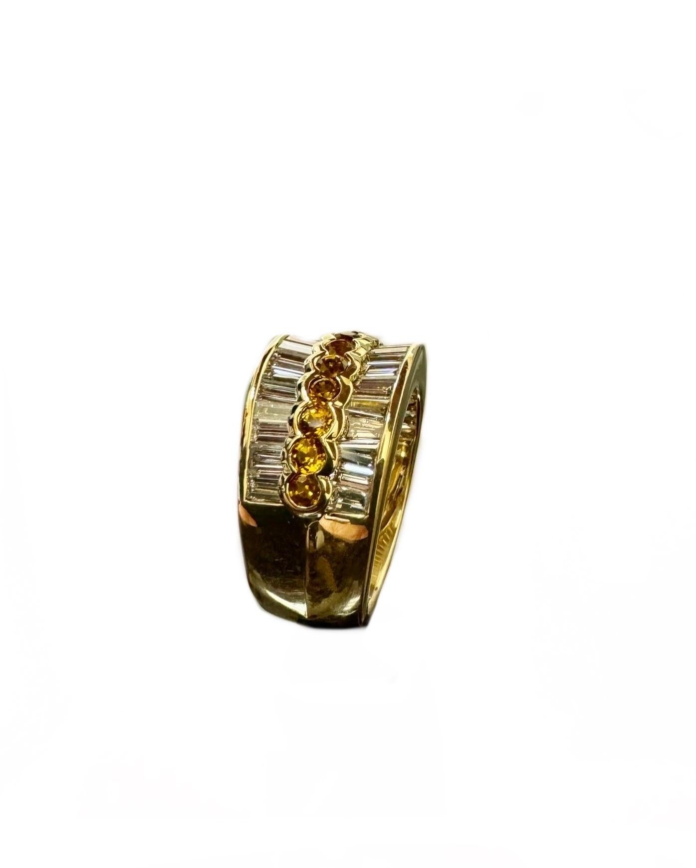 Baguette Cut 18K Yellow Gold 3.34 Carat Yellow Sapphire Channel Set Baguette Diamond Band For Sale