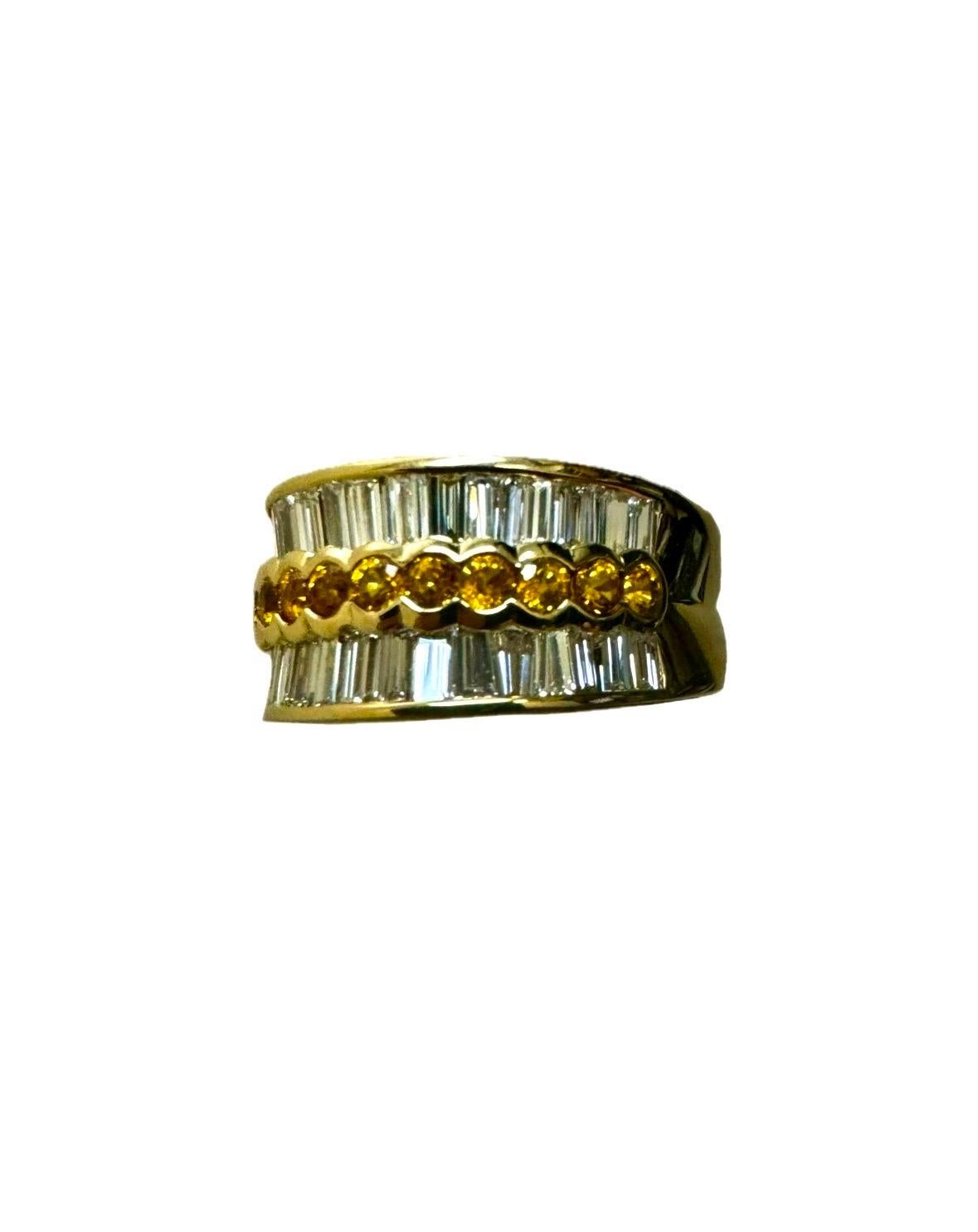 18K Yellow Gold 3.34 Carat Yellow Sapphire Channel Set Baguette Diamond Band In New Condition For Sale In Los Angeles, CA