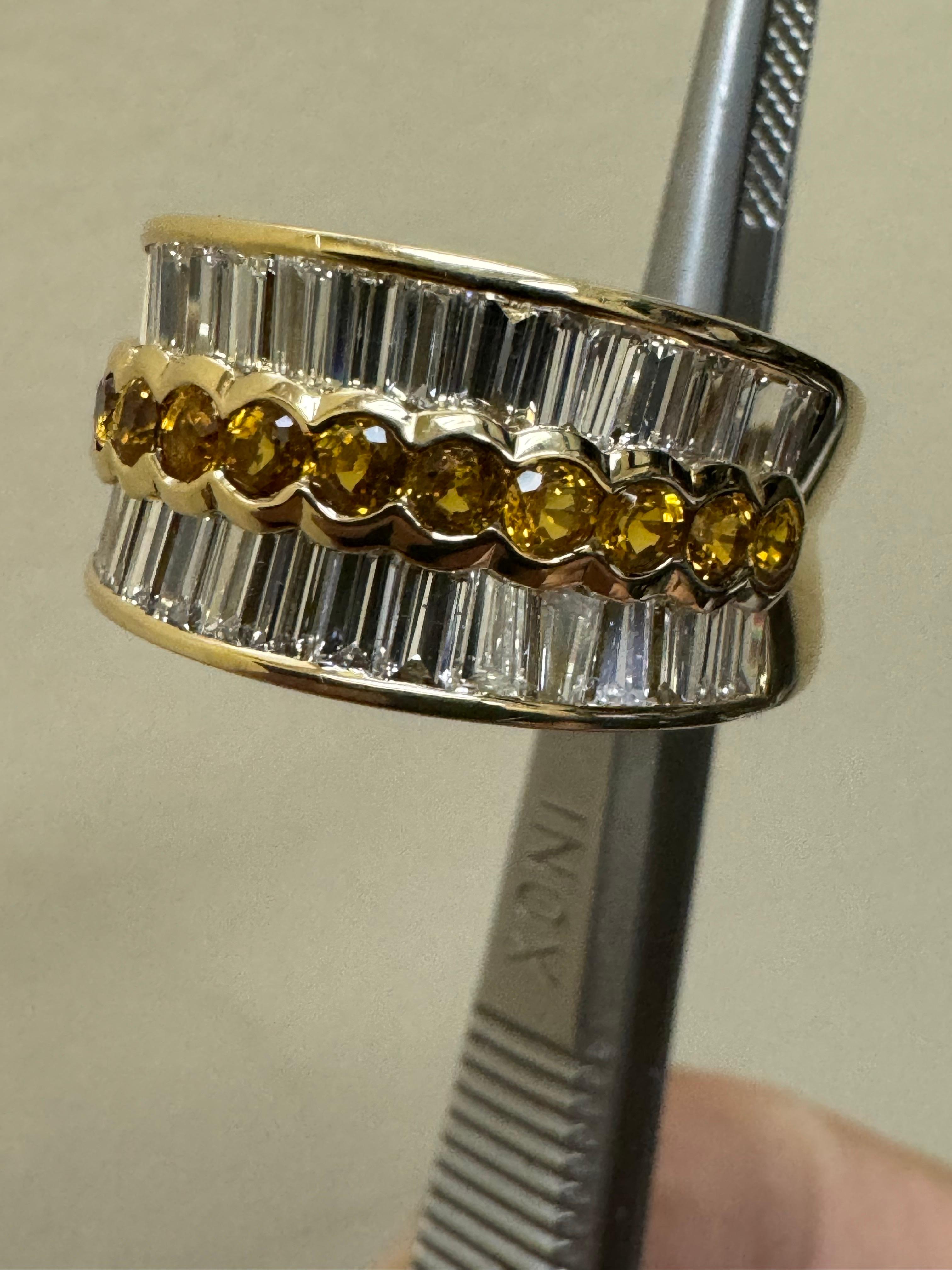 Women's or Men's 18K Yellow Gold 3.34 Carat Yellow Sapphire Channel Set Baguette Diamond Band For Sale