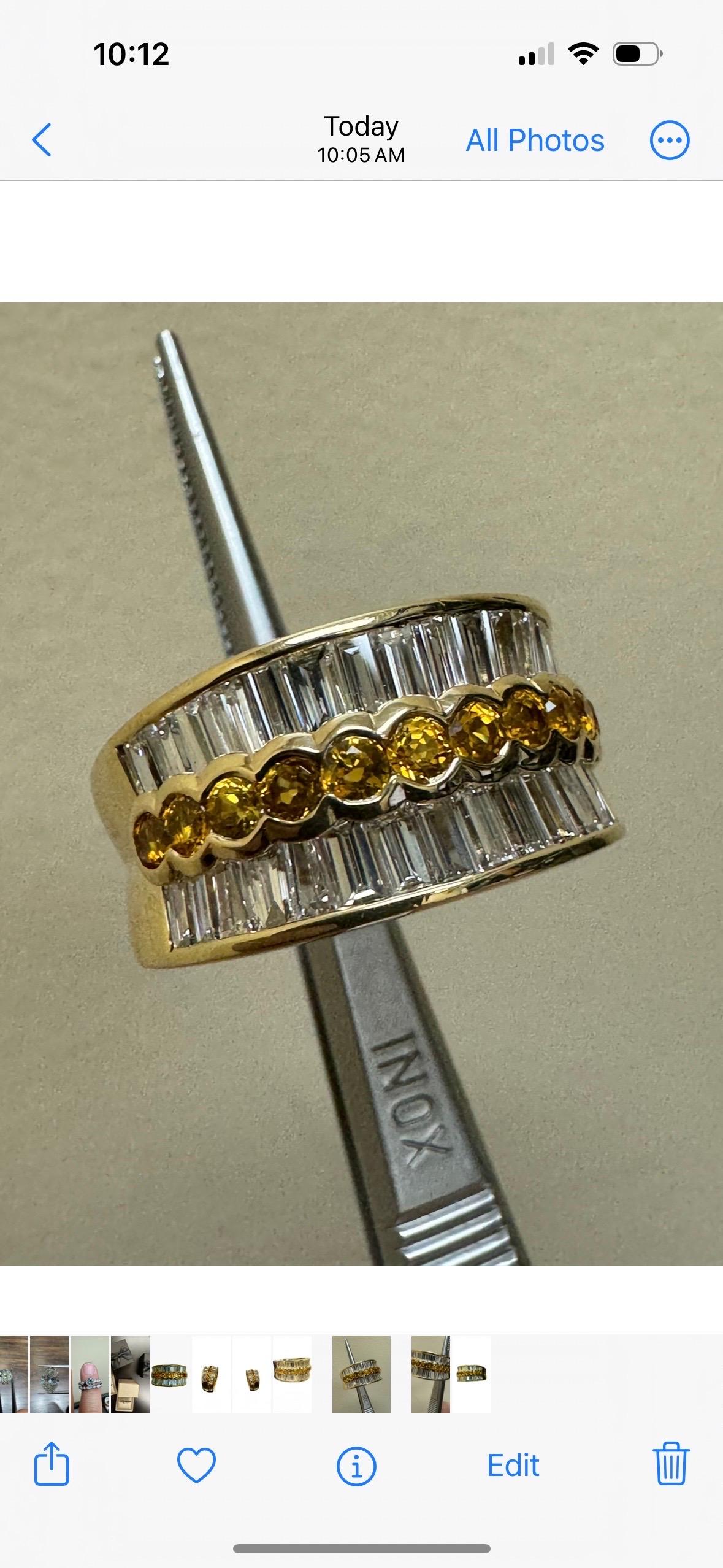 18K Yellow Gold 3.34 Carat Yellow Sapphire Channel Set Baguette Diamond Band For Sale 2