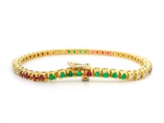 18k Yellow Gold 3.36ctw Emerald Ruby & Diamond Multi Colors Line Tennis Bracelet