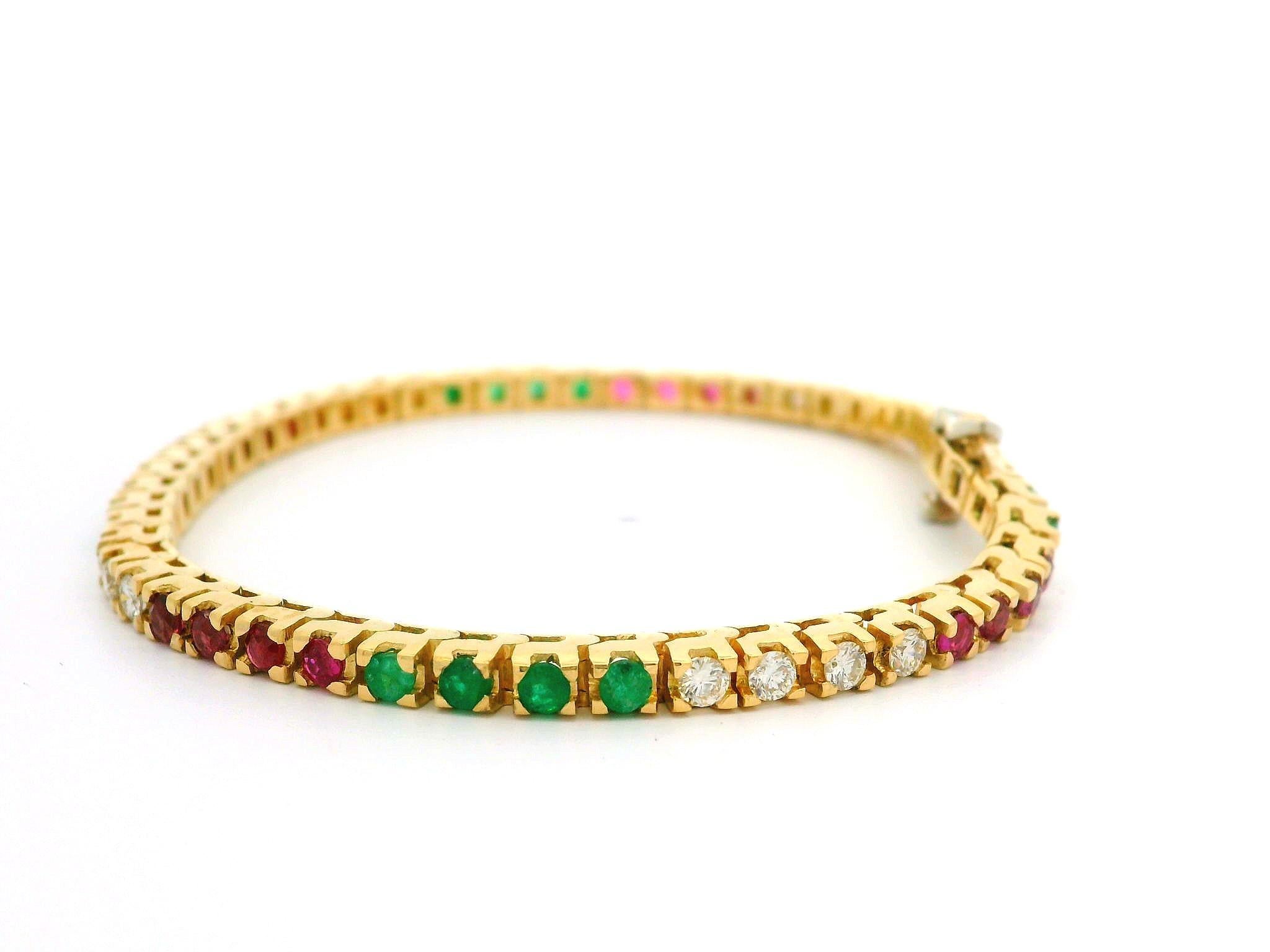 18k Yellow Gold 3.36ctw Emerald Ruby & Diamond Multi Colors Line Tennis Bracelet In Good Condition For Sale In Montclair, NJ