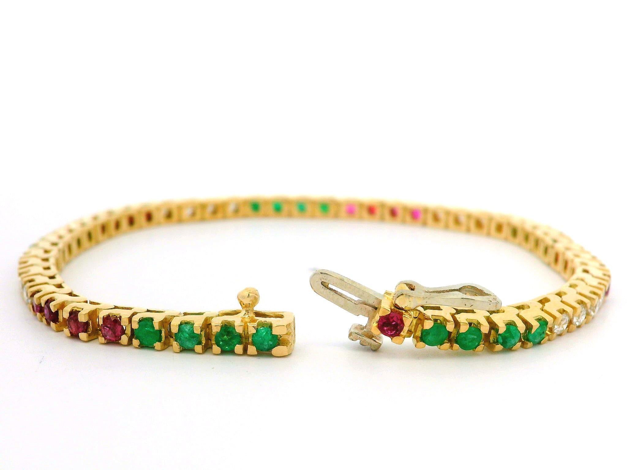 Women's 18k Yellow Gold 3.36ctw Emerald Ruby & Diamond Multi Colors Line Tennis Bracelet For Sale