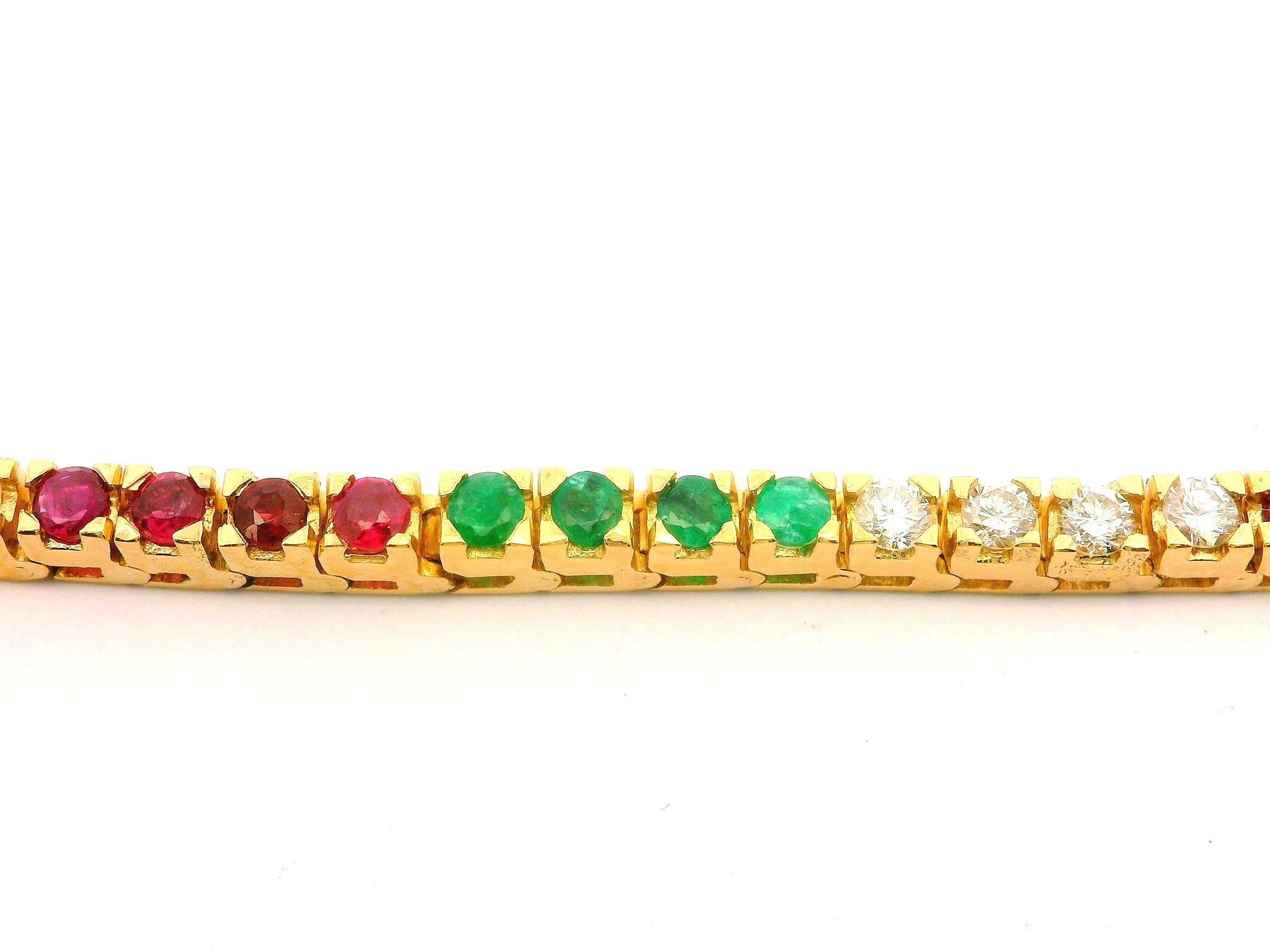 18k Yellow Gold 3.36ctw Emerald Ruby & Diamond Multi Colors Line Tennis Bracelet For Sale 1