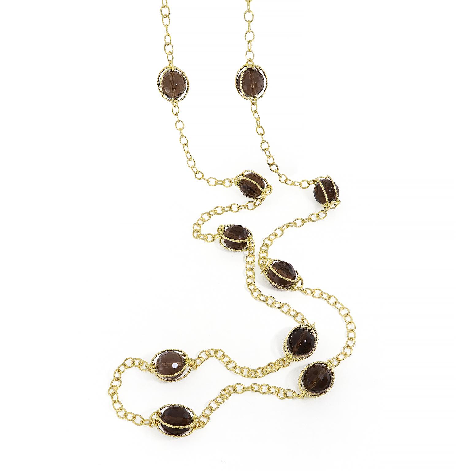 Mixed Cut 18K Yellow Gold 34-Inch Doppio Smokey Topaz Link Necklace For Sale