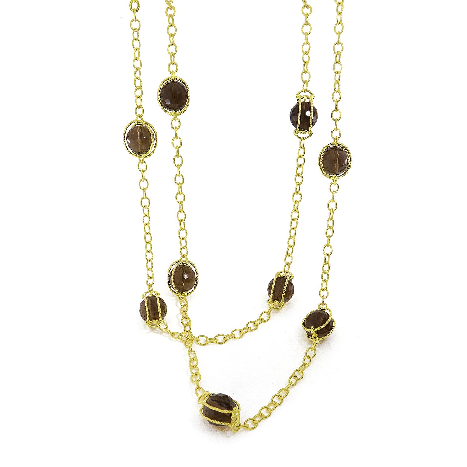 18K Yellow Gold 34-Inch Doppio Smokey Topaz Link Necklace In New Condition For Sale In New York, NY