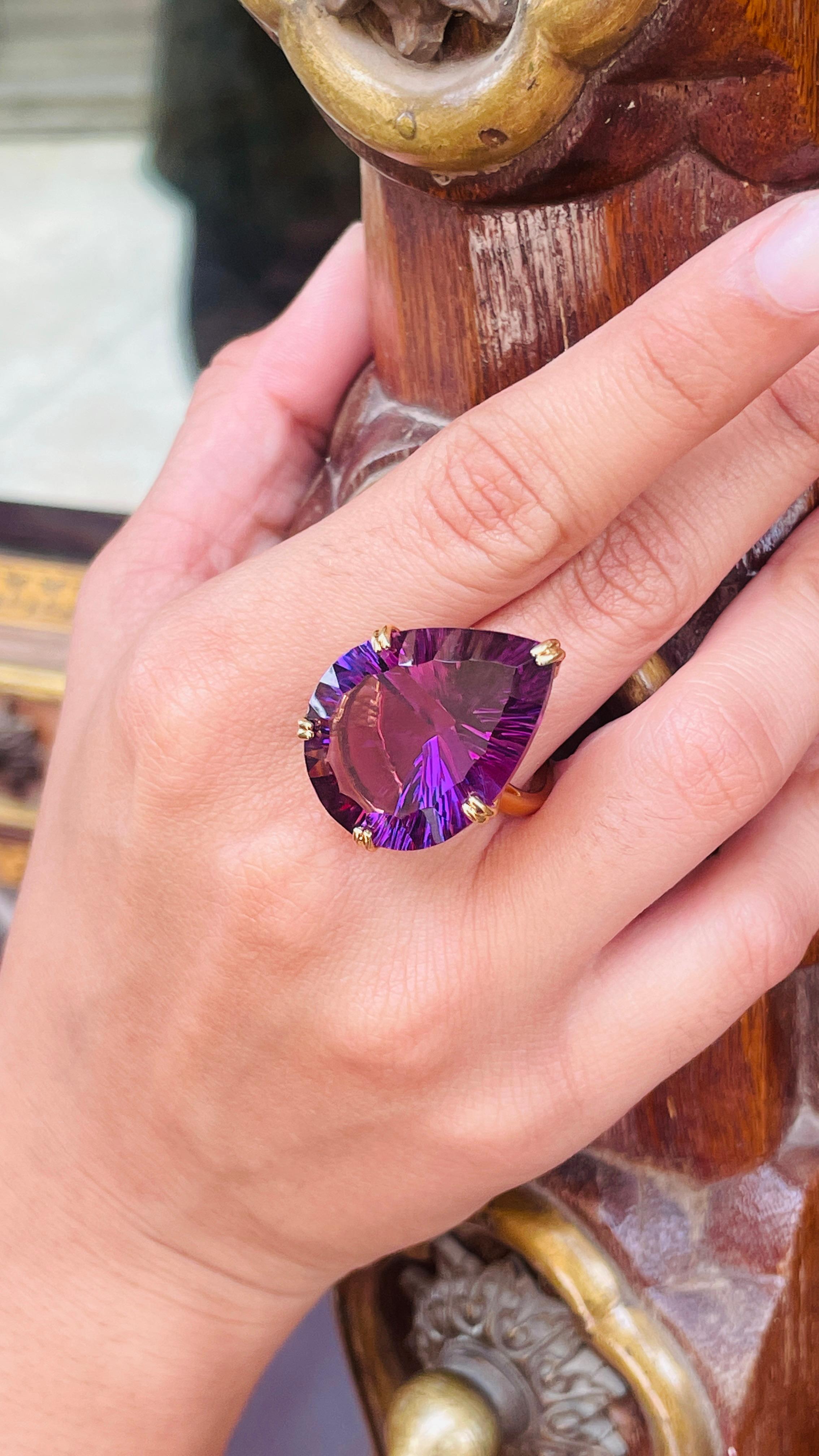 For Sale:  18K Yellow Gold 34.23 Carat Amethyst Cocktail Ring 14